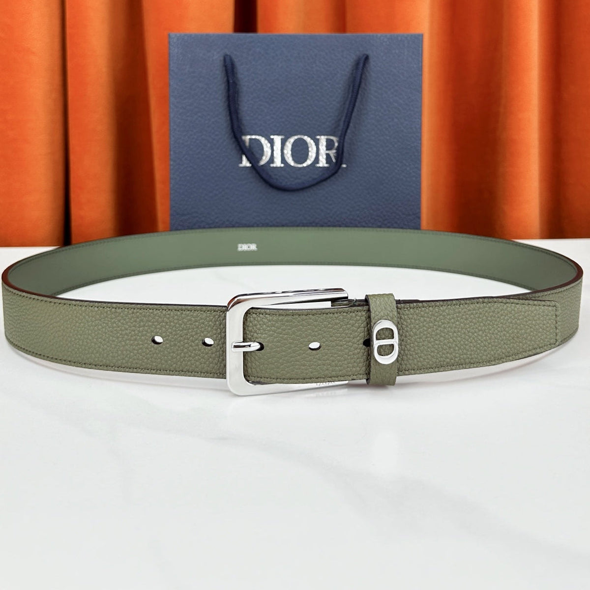 Dior 2026 CD Icon Grained Belt 35mm Moss Green Calfskin