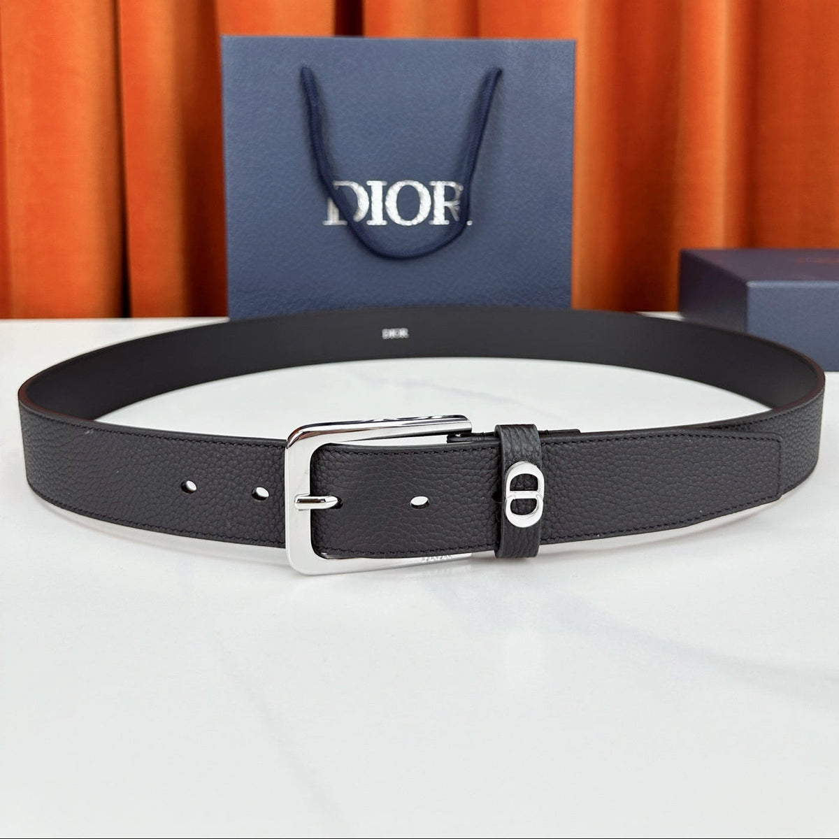 Dior 2026 CD Icon Grained Belt 35mm Black Calfskin