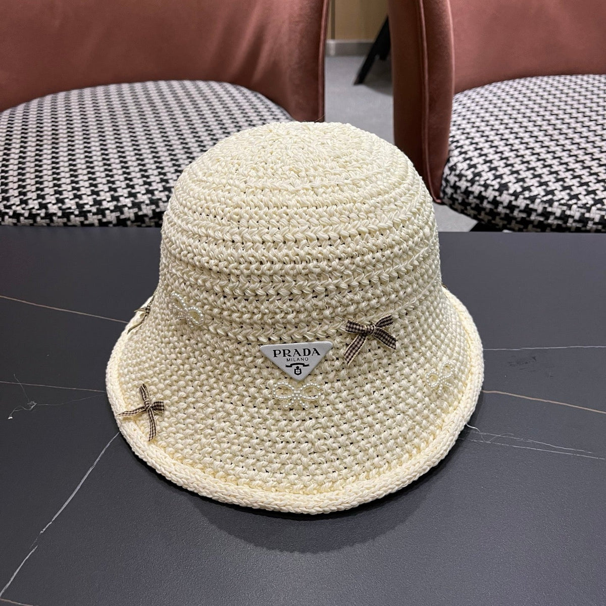 Prada Raffia Bow Knot Fisherman Hat 512516