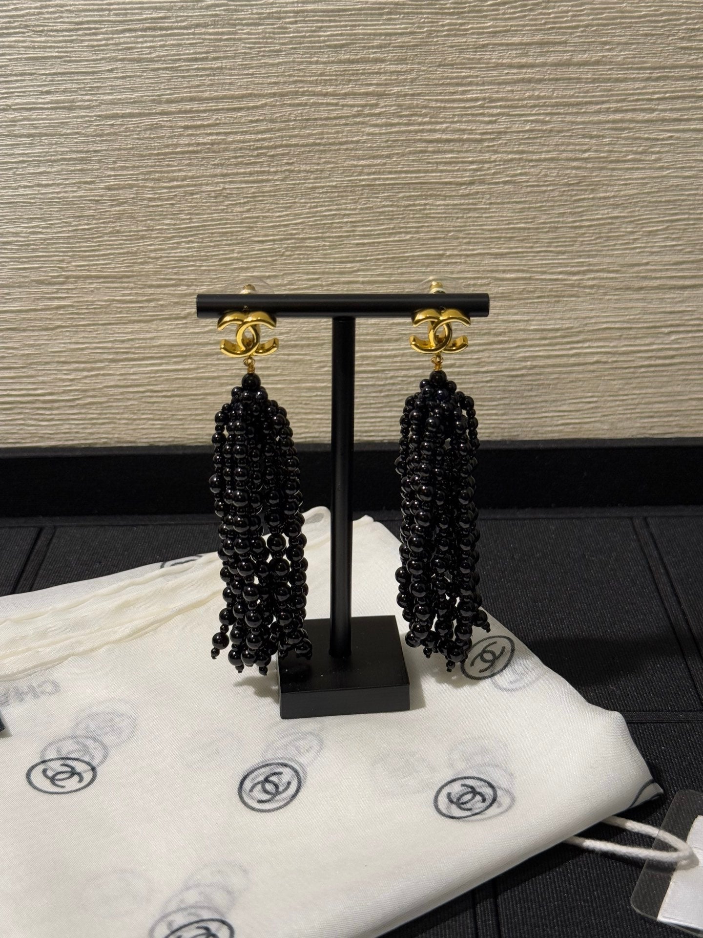 Chanel 2026 Black Beaded Tassel Earrings with Gold Double C Long Earrings