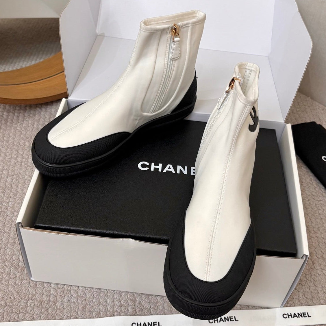 Chanel 2026 Double-C Metal Logo Ankle Boots Canvas Sheepskin 826495