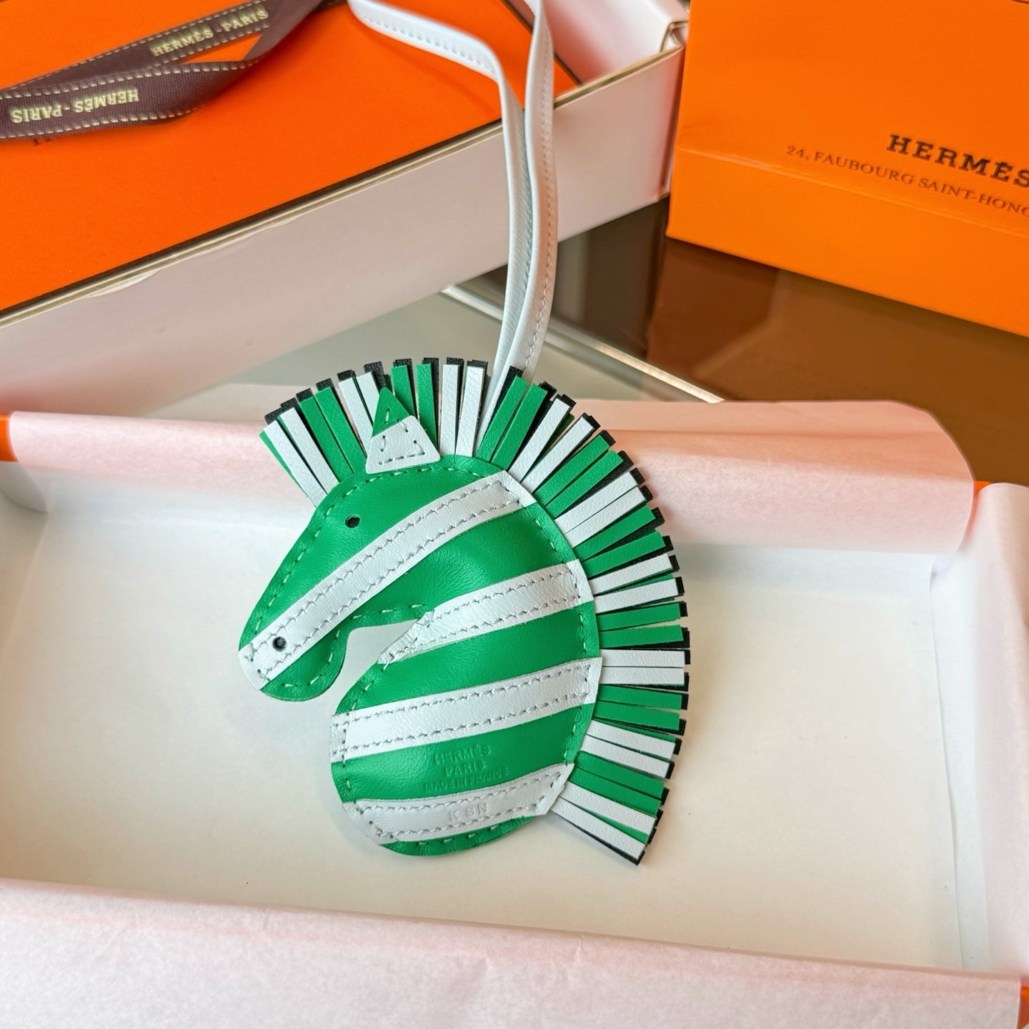Hermes  Zebra Geegee Savannah Bag Charm Leather