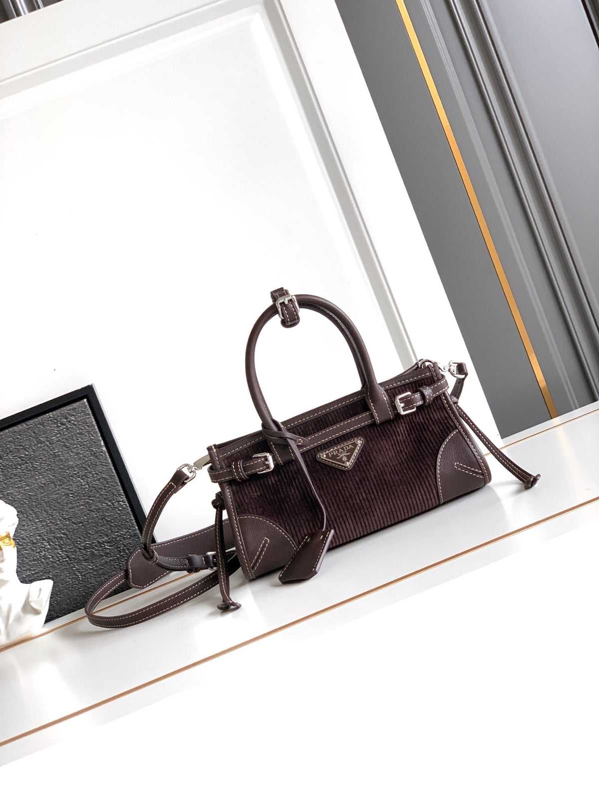 Prada 2026 Bonnie Corduroy Bag Brown Velvet Leather