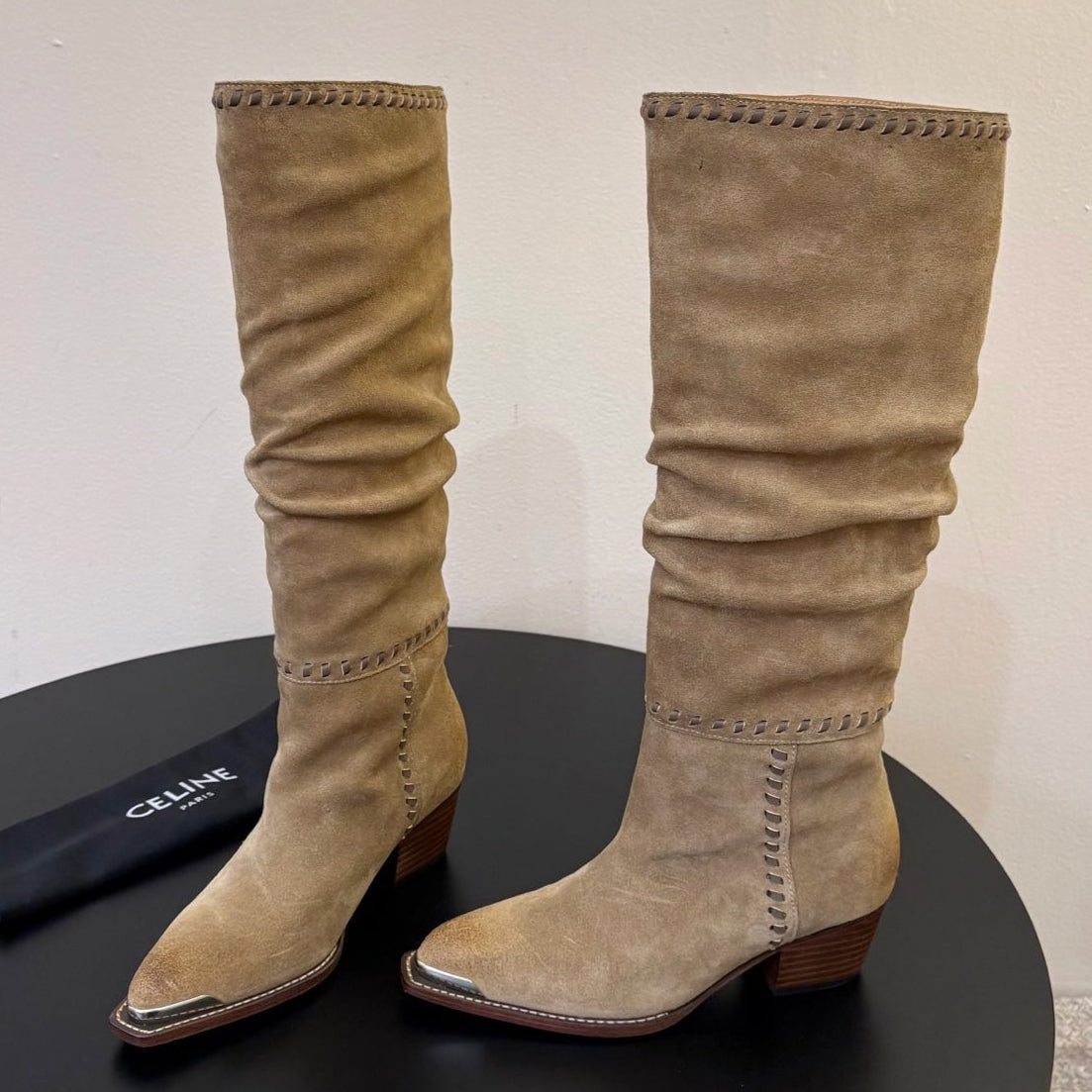 Celine 2026 Western Knee-High Boots 50mm Suede Leather 104847