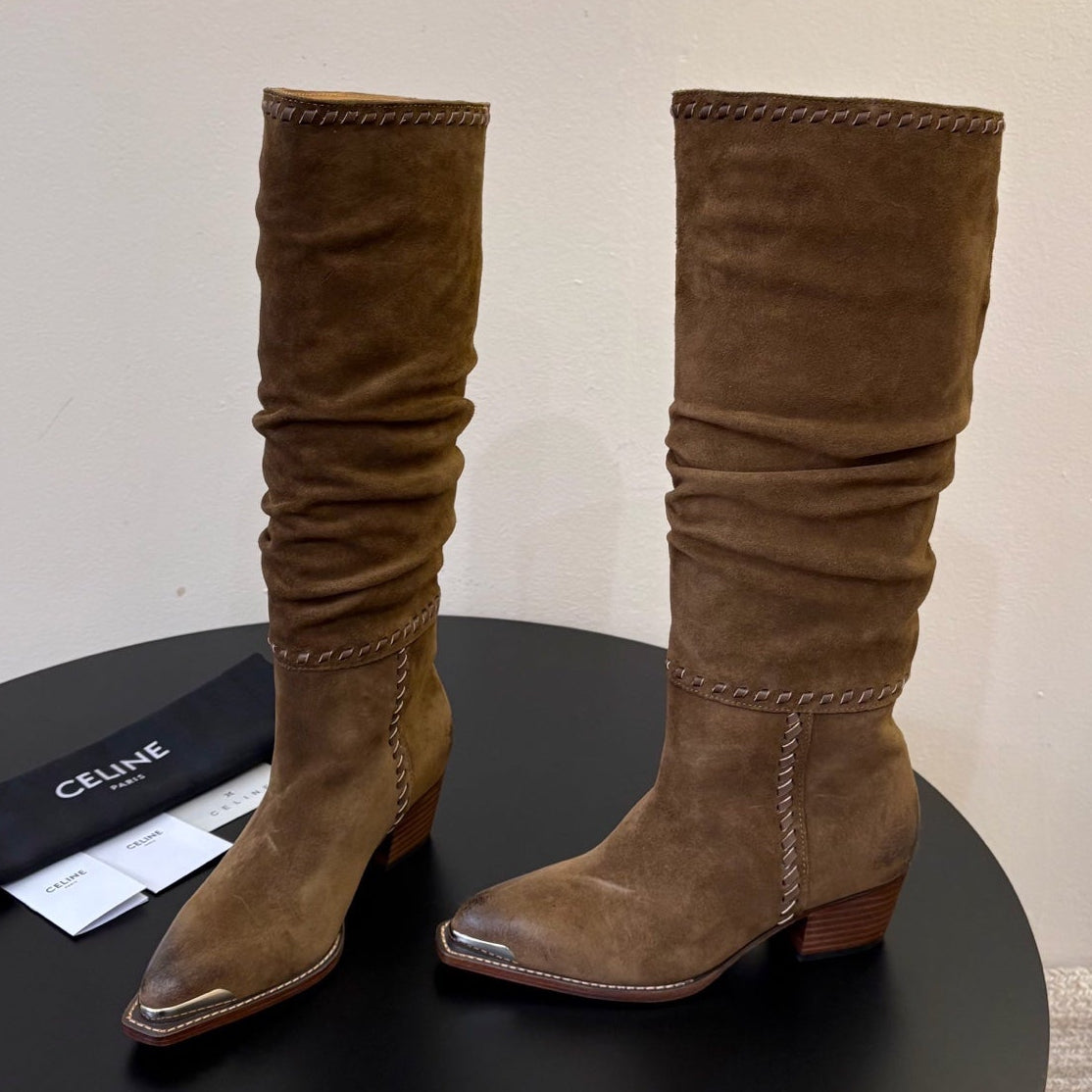 Celine 2026 Western Knee-High Boots 50mm Suede Leather 104847
