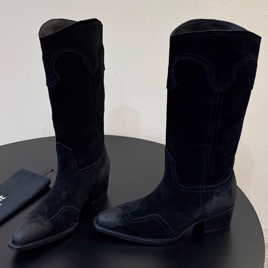 Celine 2026 Embroidered Mid-Calf Boots 50mm Calfskin Suede 104856
