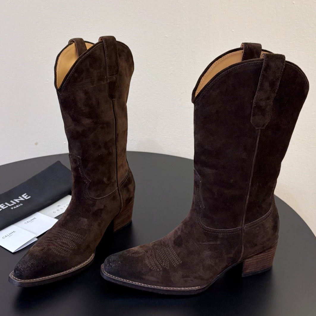Celine 2026 Western Mid-Calf Cowboy Boots 50mm Suede Calfskin 104857