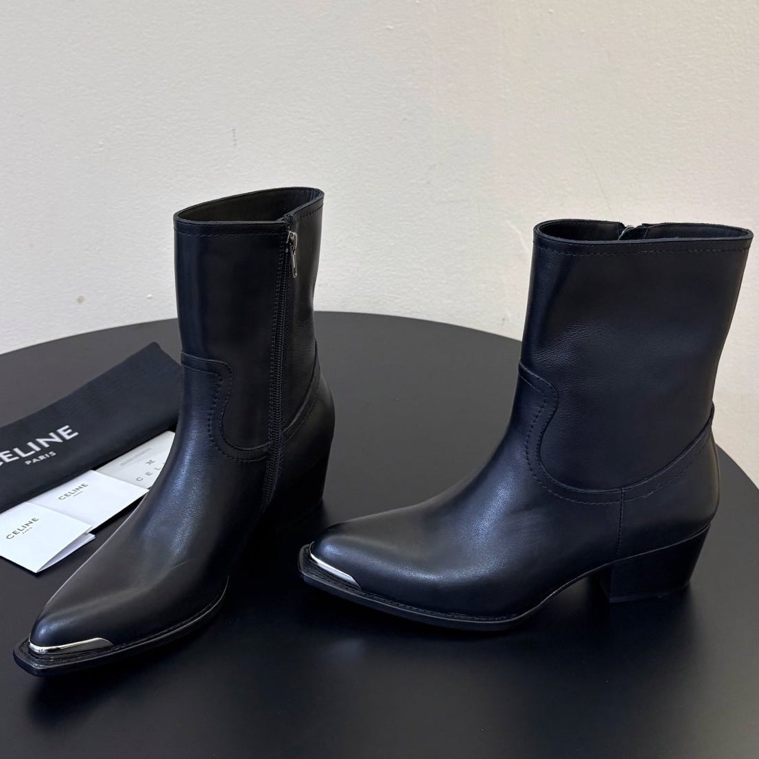 Celine 2026 Western Metallic Toe Ankle Boots 50mm Suede Leather 104866