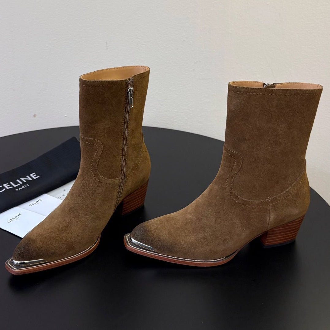 Celine 2026 Western Metallic Toe Ankle Boots 50mm Suede Leather 104866