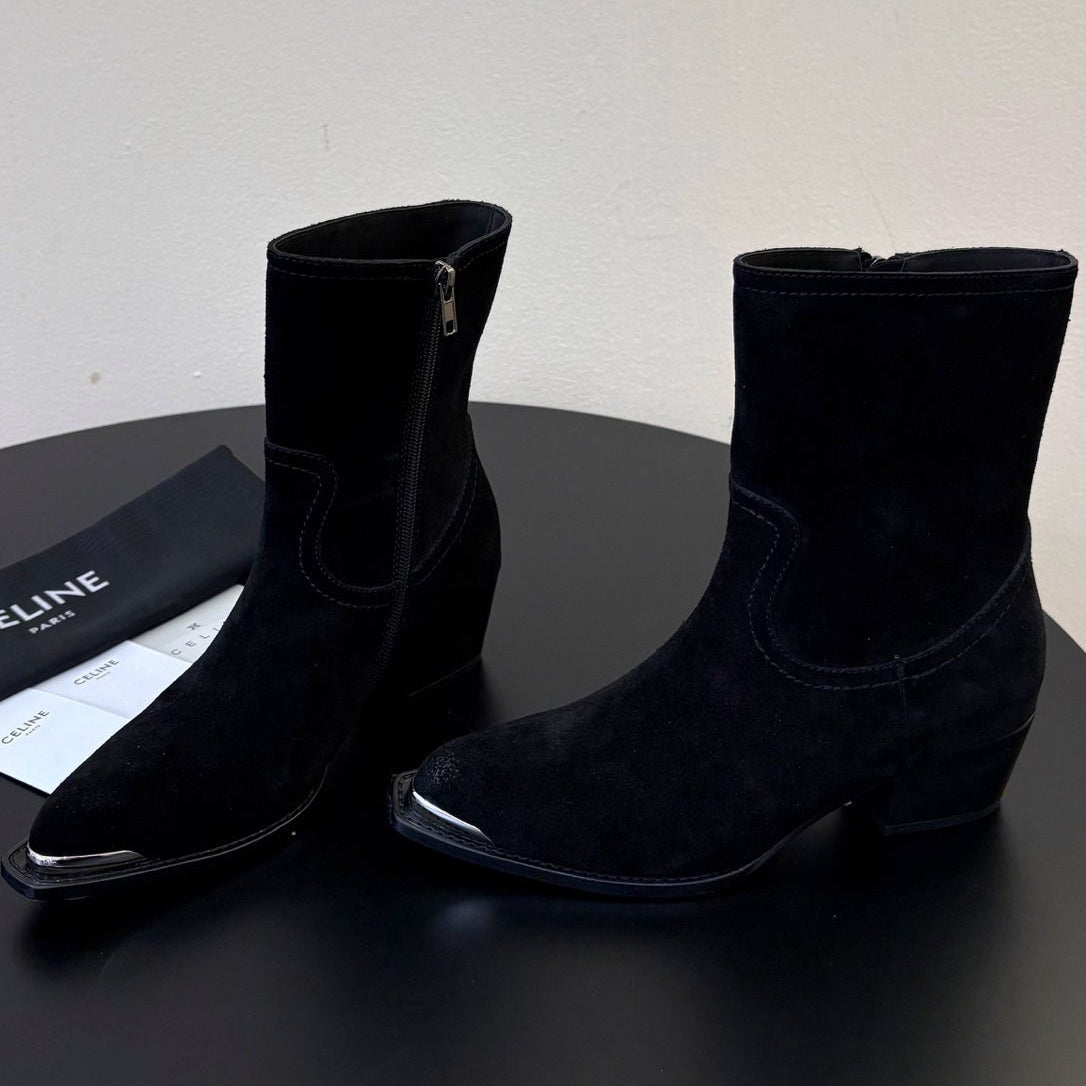 Celine 2026 Western Metallic Toe Ankle Boots 50mm Suede Leather 104866