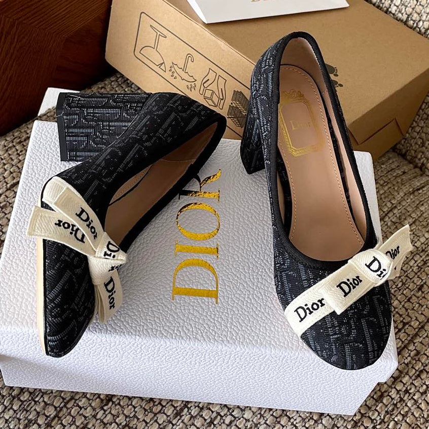 Dior 2026 Embroidered Ribbon Pumps 80mm Suede Canvas Leather 975505