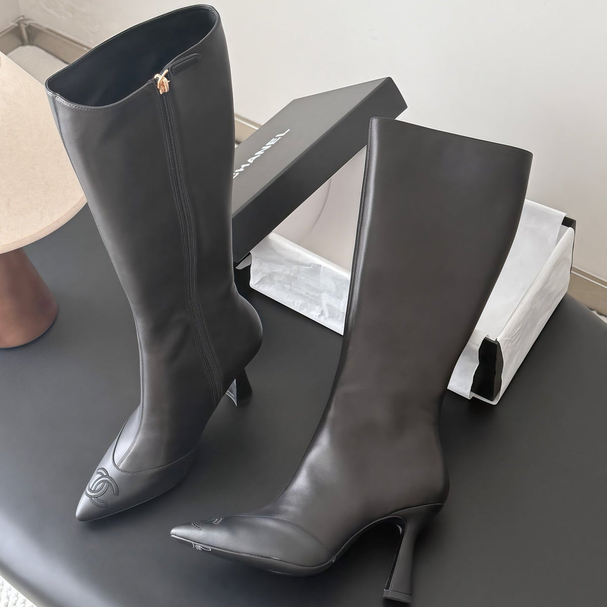 Chanel 2026 Pointed Toe Knee-High Boots 80mm Mesh Suede Leather 127974