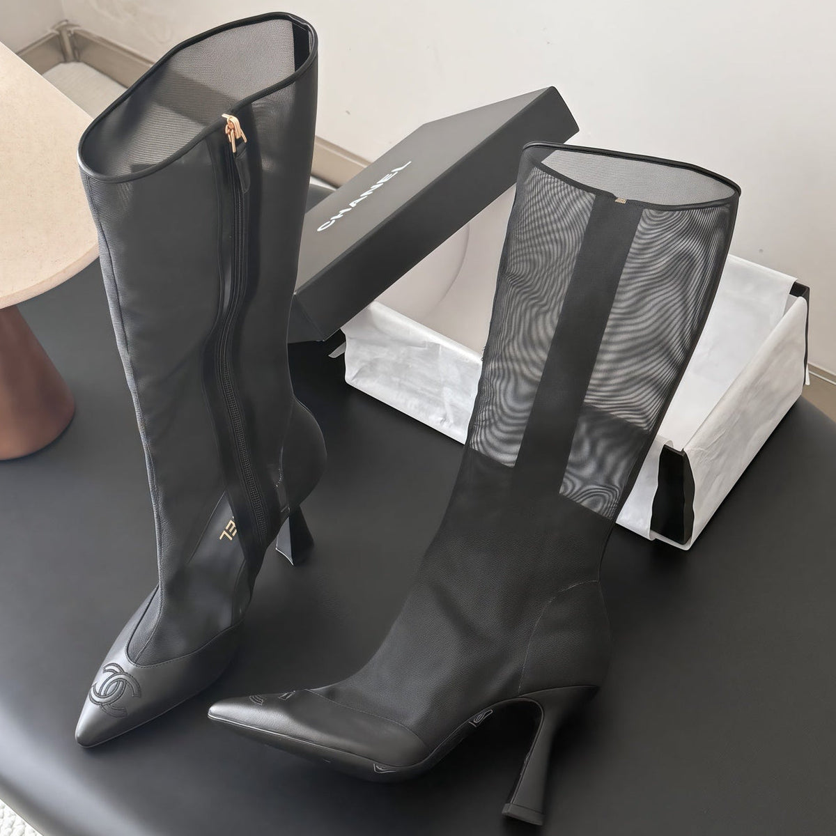 Chanel 2026 Pointed Toe Knee-High Boots 80mm Mesh Suede Leather 127974