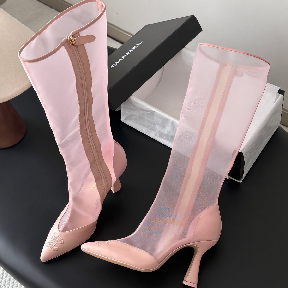 Chanel 2026 Pointed Toe Knee-High Boots 80mm Mesh Suede Leather 127974