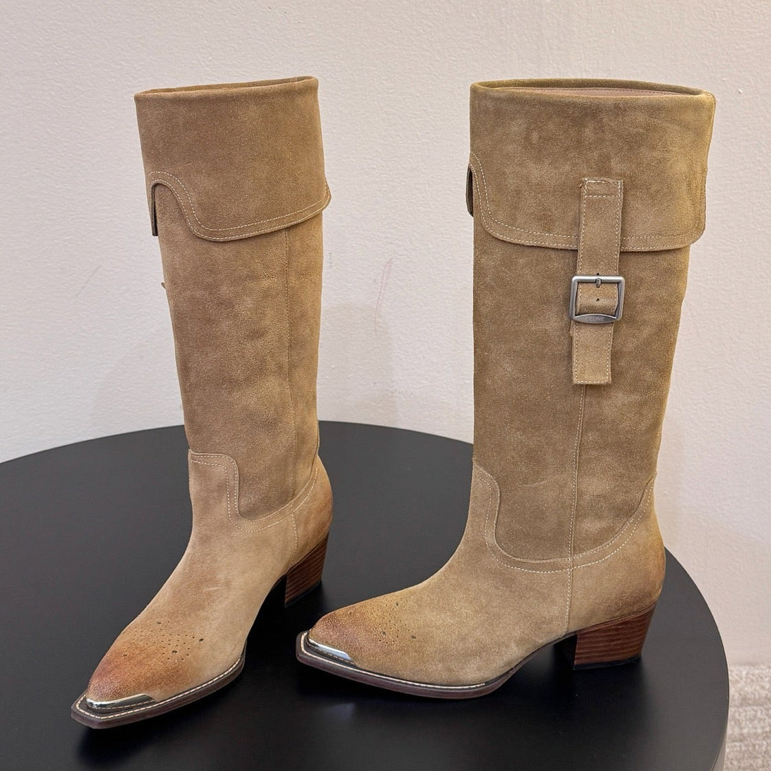Celine 2026 Buckle Strap Knee-High Boots Cowhide Suede 104476