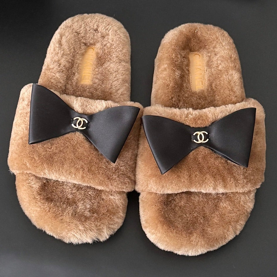 Chanel 2026 Bow Furry Slippers Wool 128278