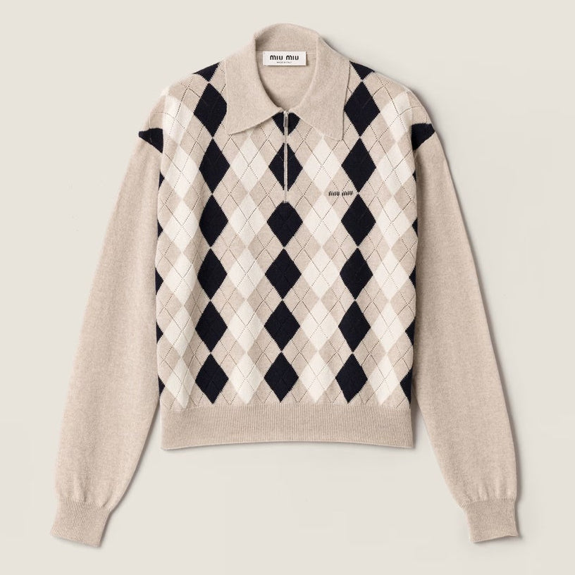 Miumiu 2026 Argyle Pattern Polo Sweater Beige Black Cashmere 435396