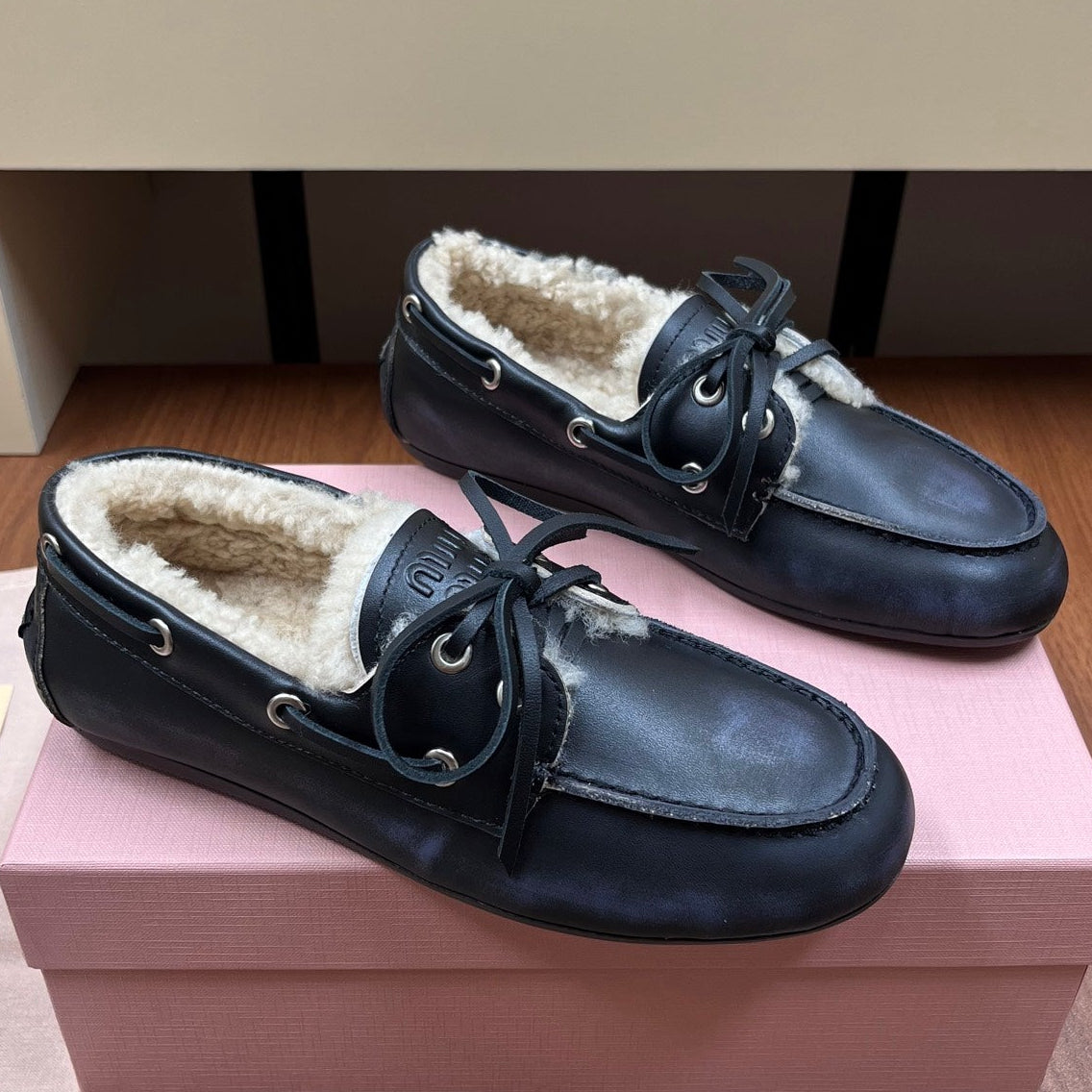 Miu Miu 2026 Boat Loafers Leather Suede Wool 157103