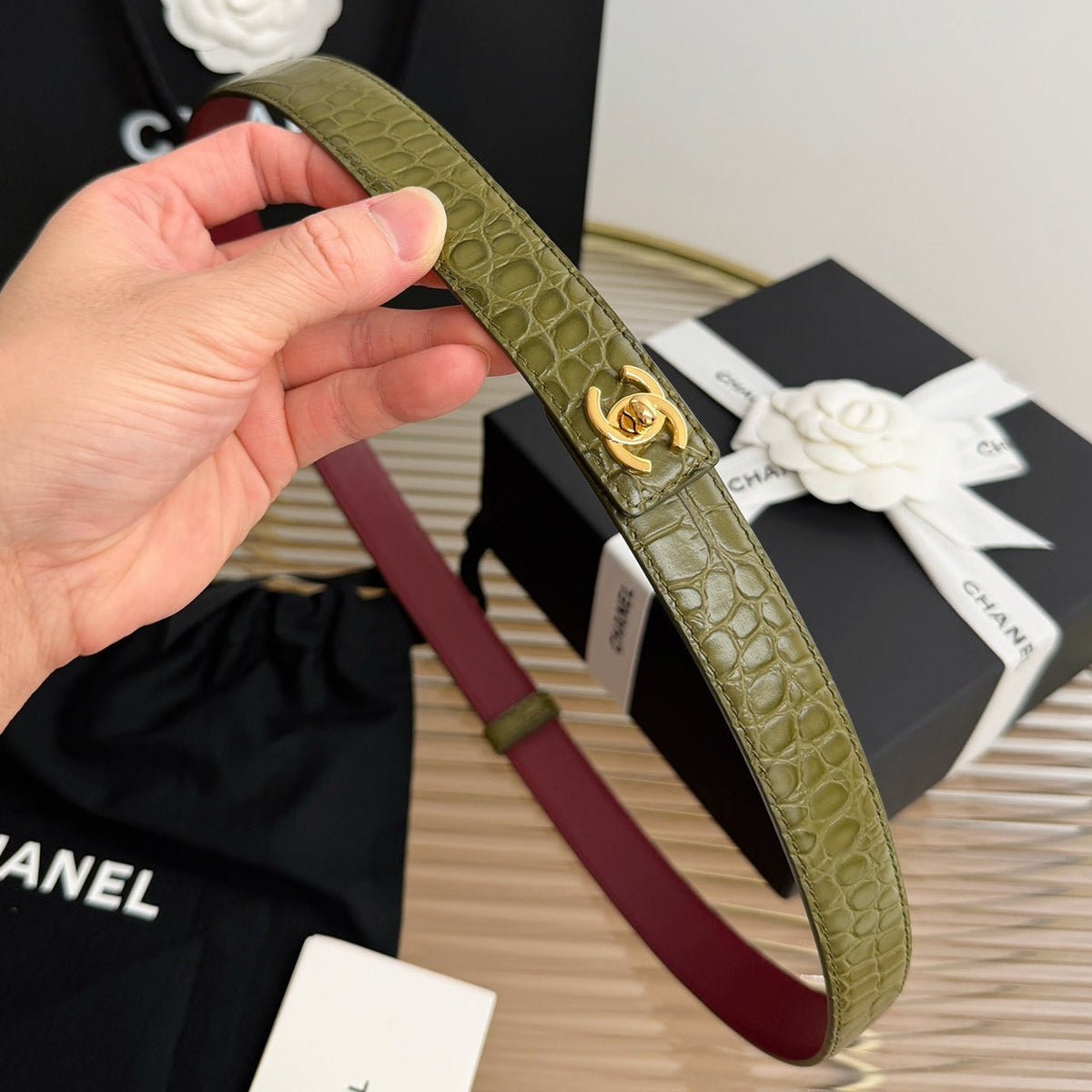 Chanel 2026 Crocodile Embossed Belt 25mm Gold Hardware Leather 219797