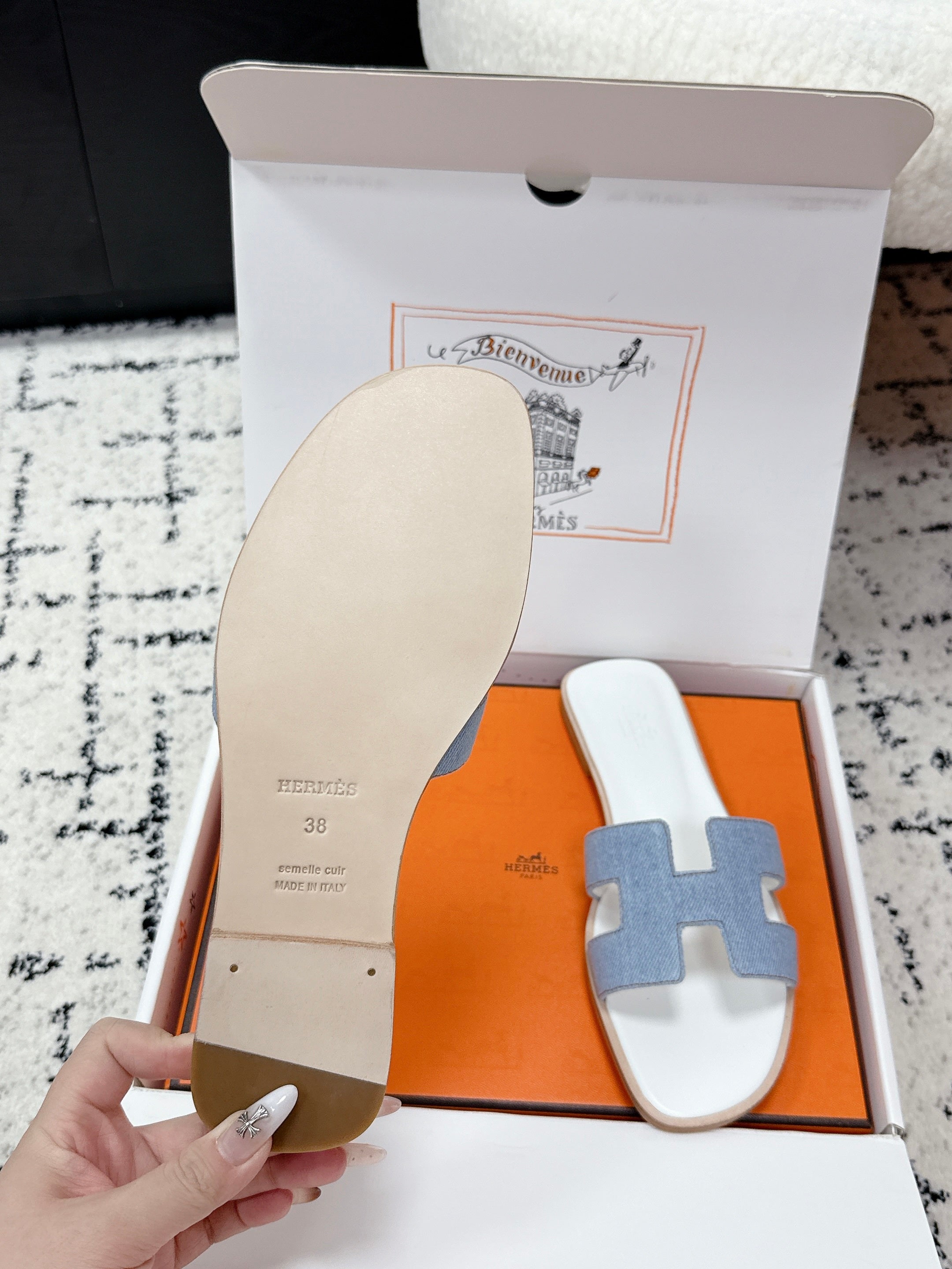 HM 26ss Oran Sandals Light Blue White Denim Cowhide 617180