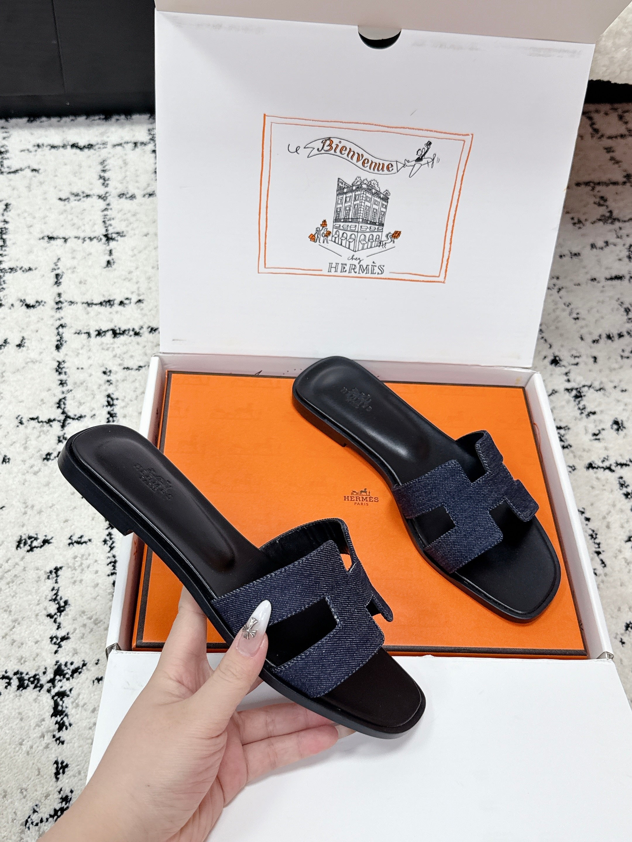 HM 26ss Oran Sandals Blue Black Denim Cowhide 617182