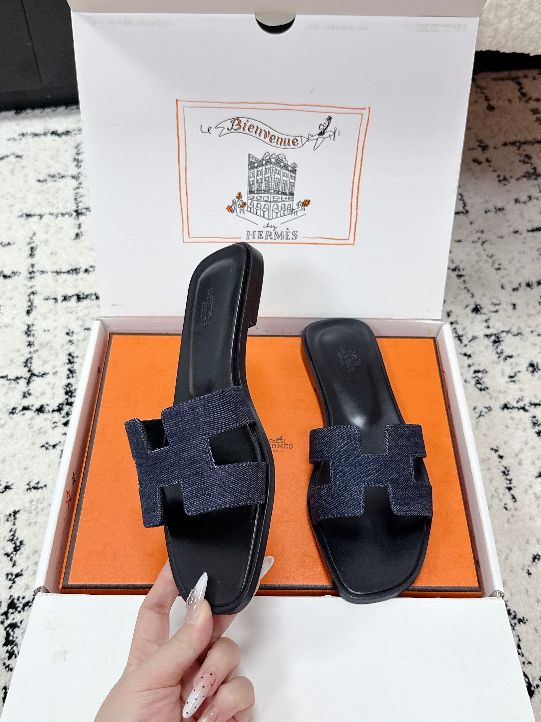 HM 26ss Oran Sandals Blue Black Denim Cowhide 617182