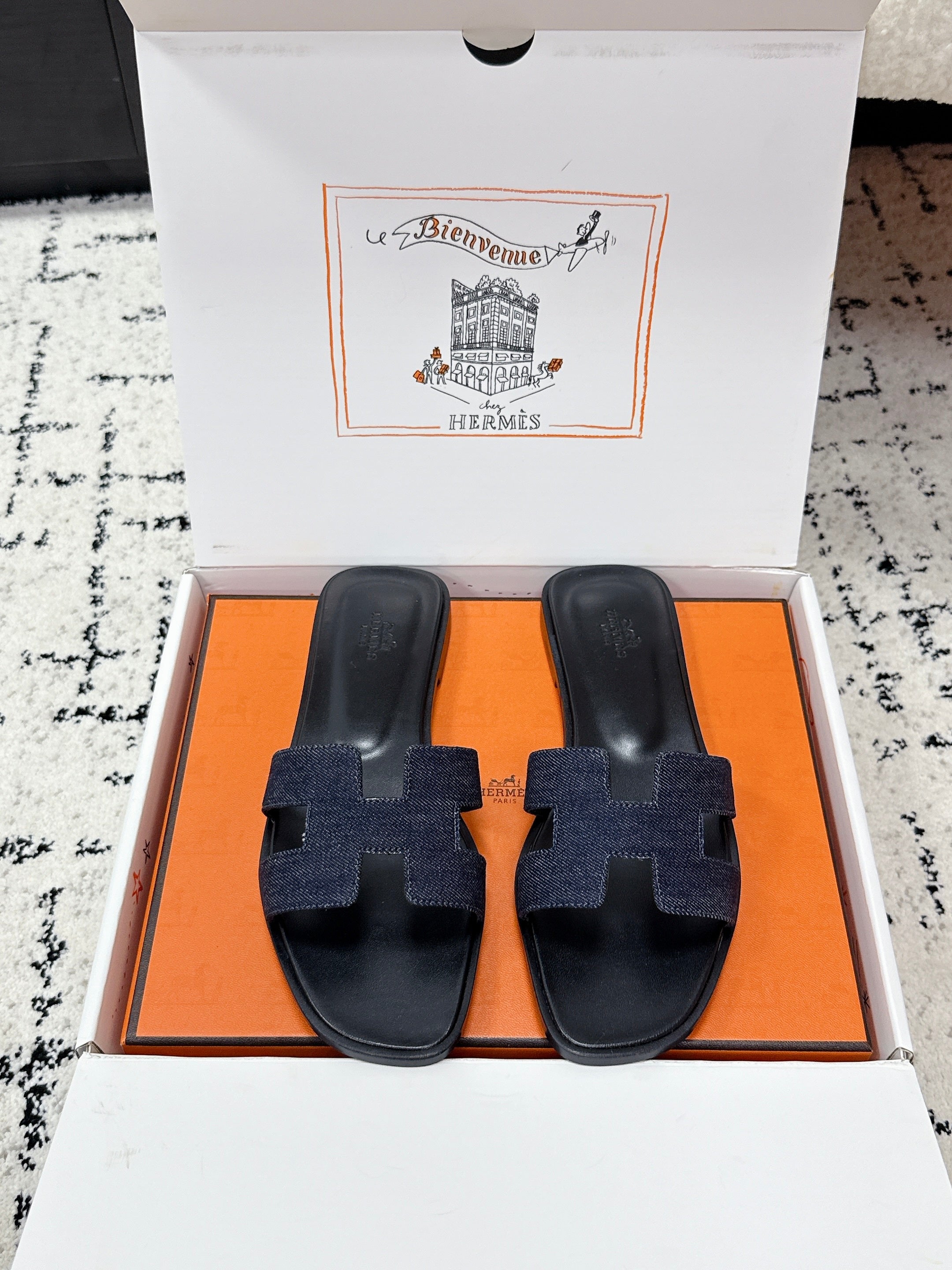 HM 26ss Oran Sandals Blue Black Denim Cowhide 617182
