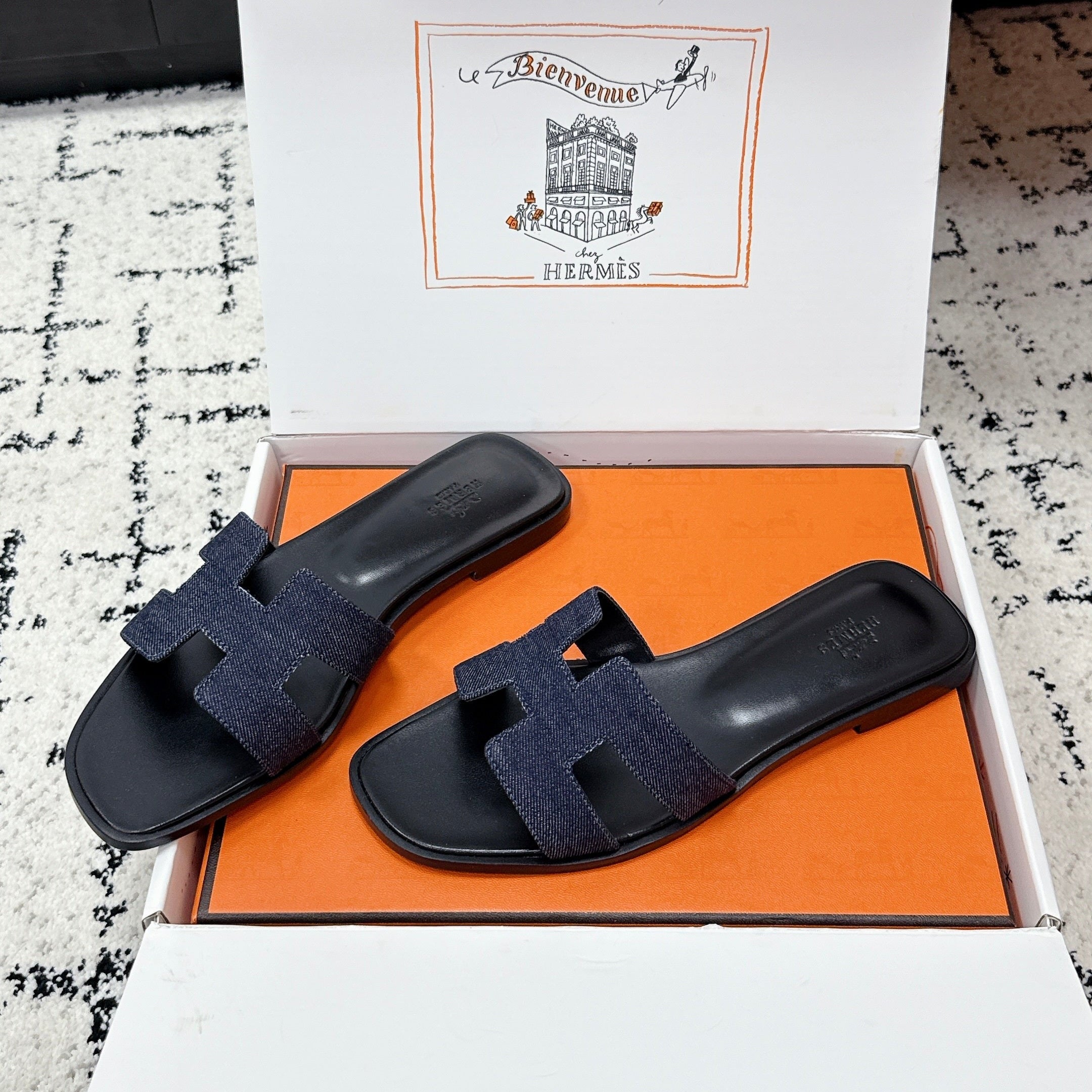 HM 26ss Oran Sandals Blue Black Denim Cowhide 617182