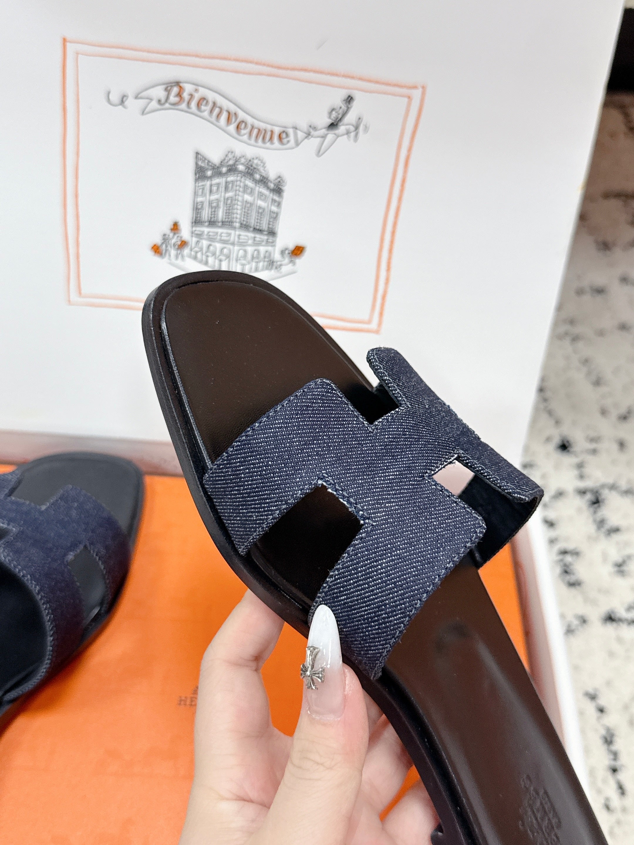 HM 26ss Oran Sandals Blue Black Denim Cowhide 617182