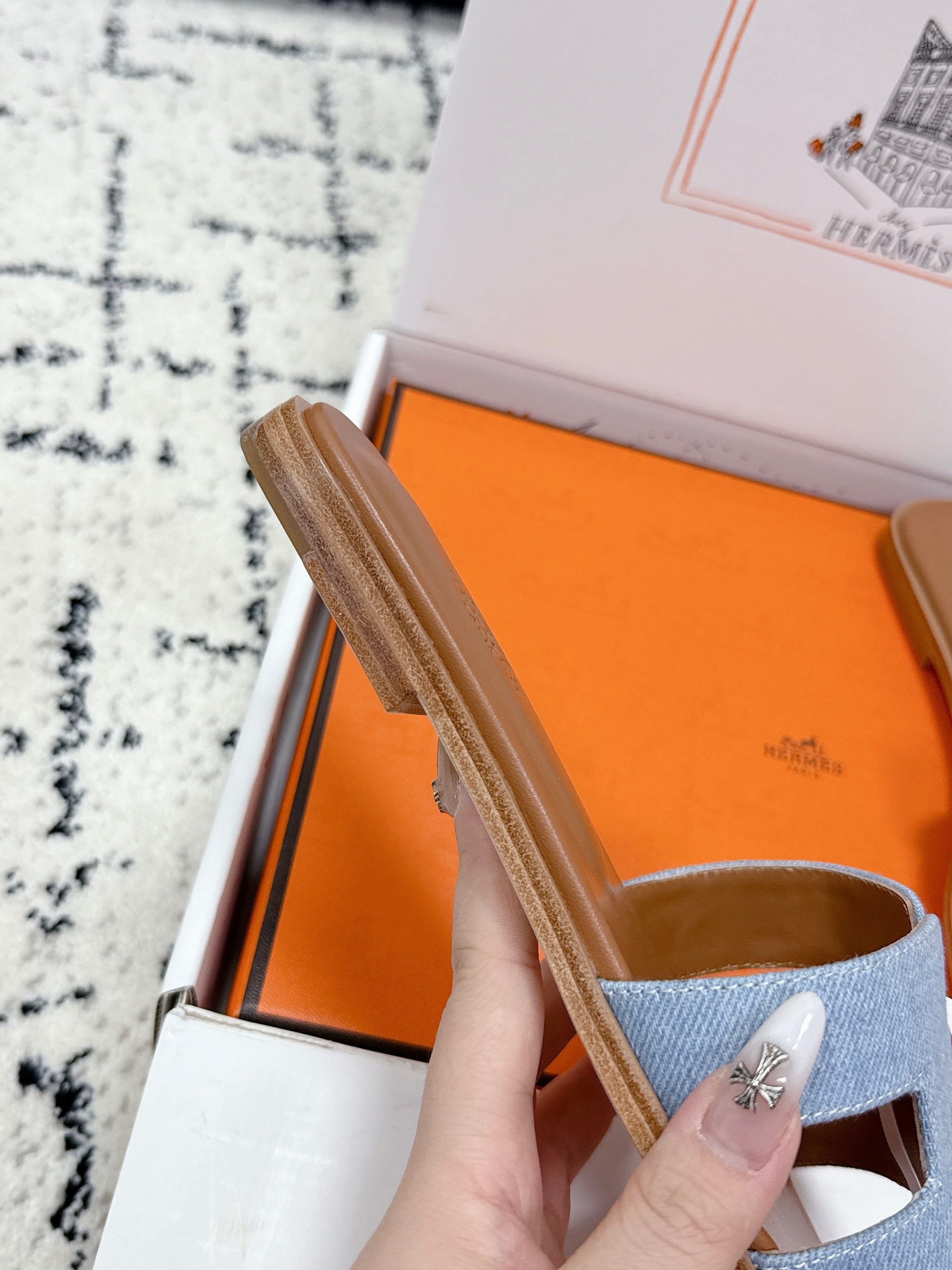 HM 26ss Oran Sandals Light Blue Brown Denim Cowhide 617183