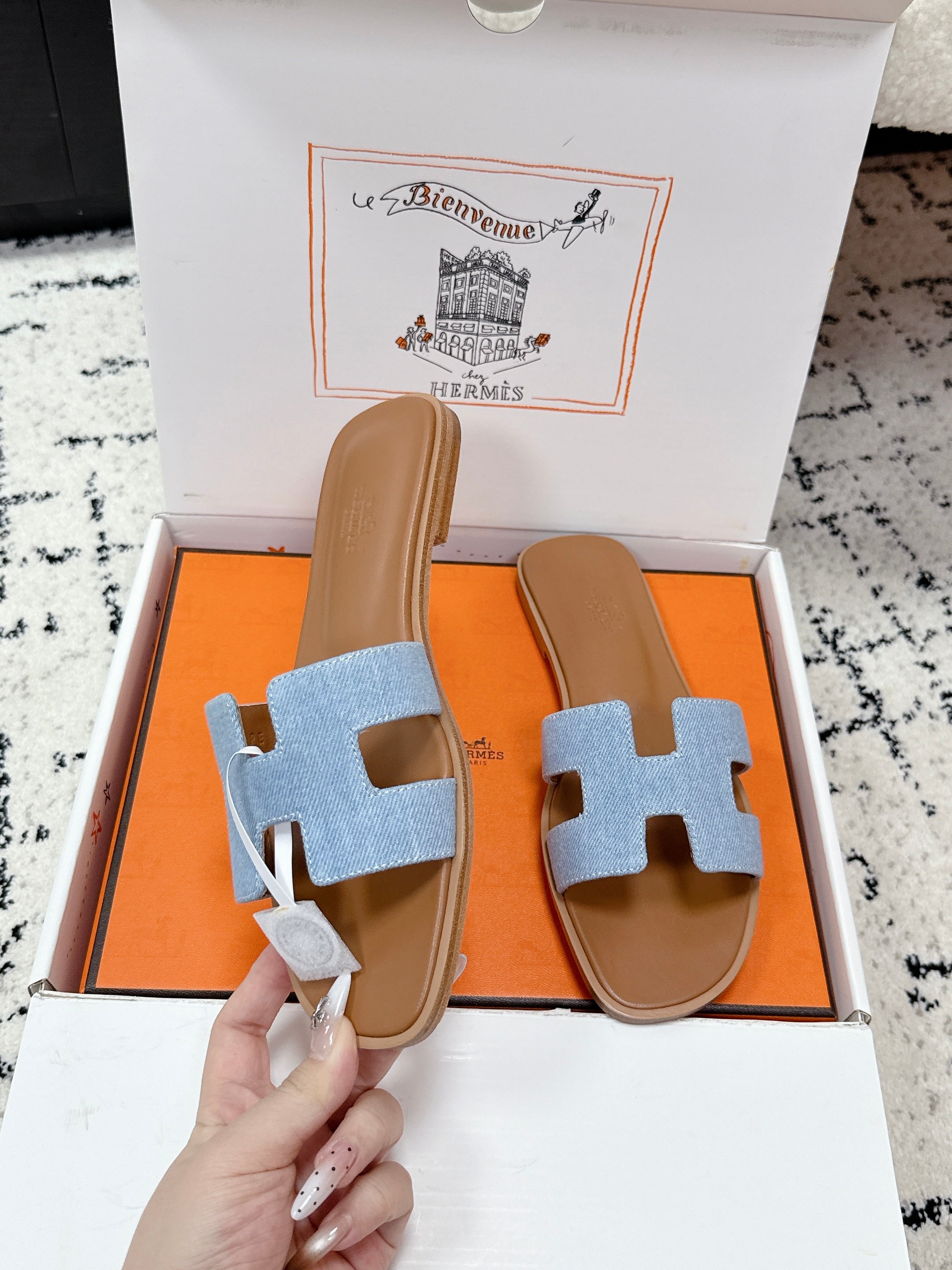 HM 26ss Oran Sandals Light Blue Brown Denim Cowhide 617183