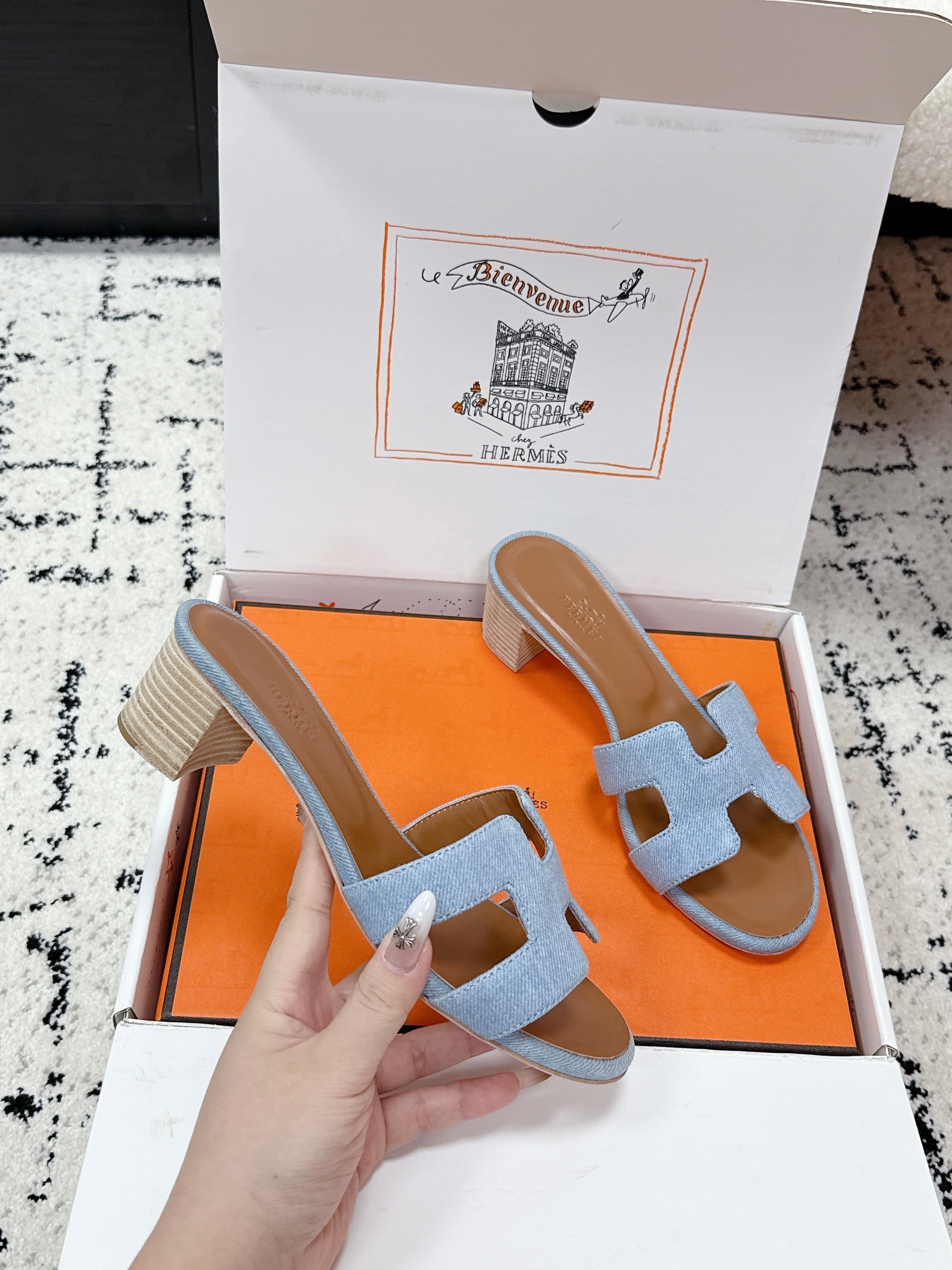 HM 26ss High-Heeled Sandals 50 Brown Blue Denim Cowhide 617220