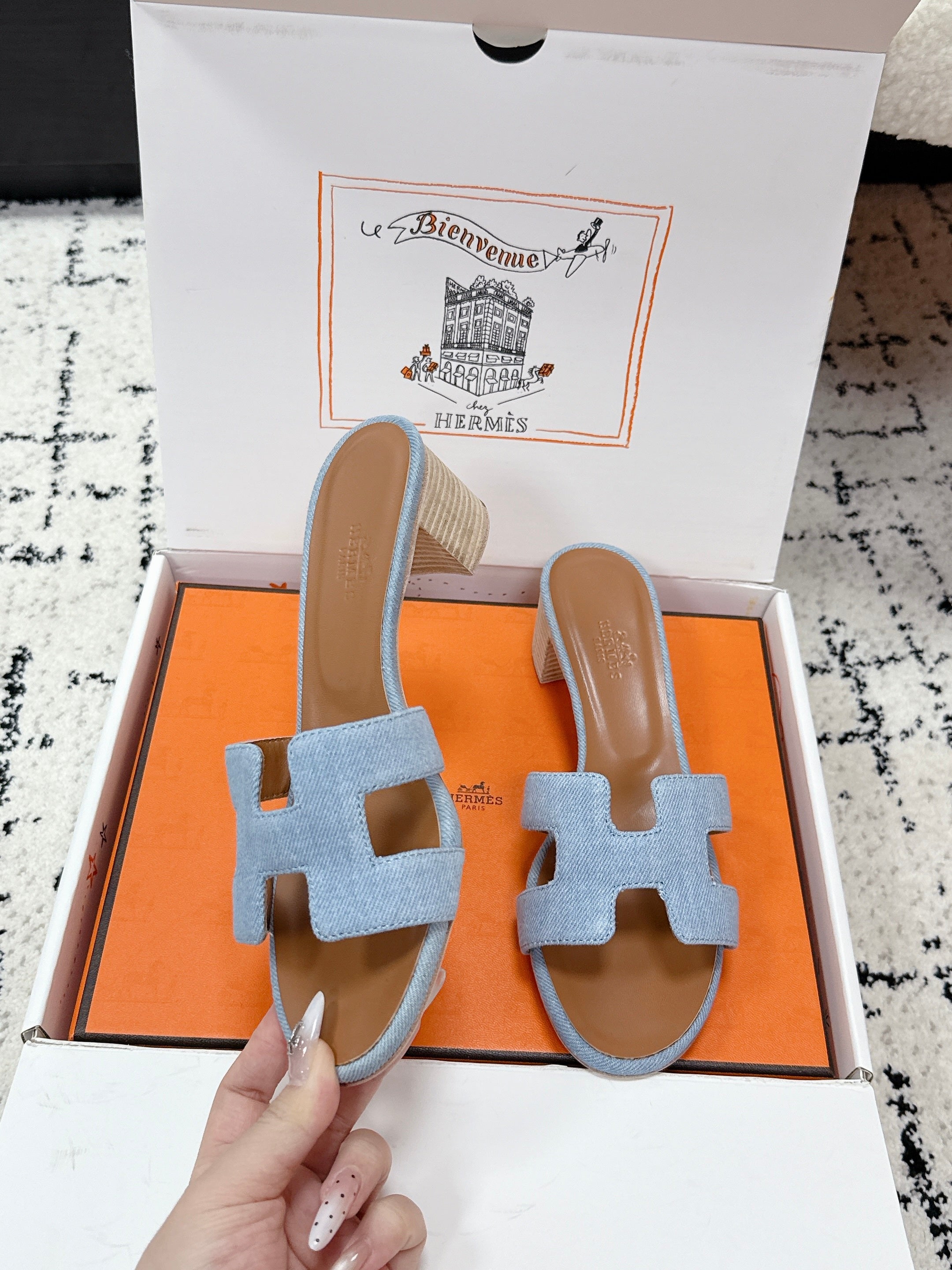 HM 26ss High-Heeled Sandals 50 Brown Blue Denim Cowhide 617220