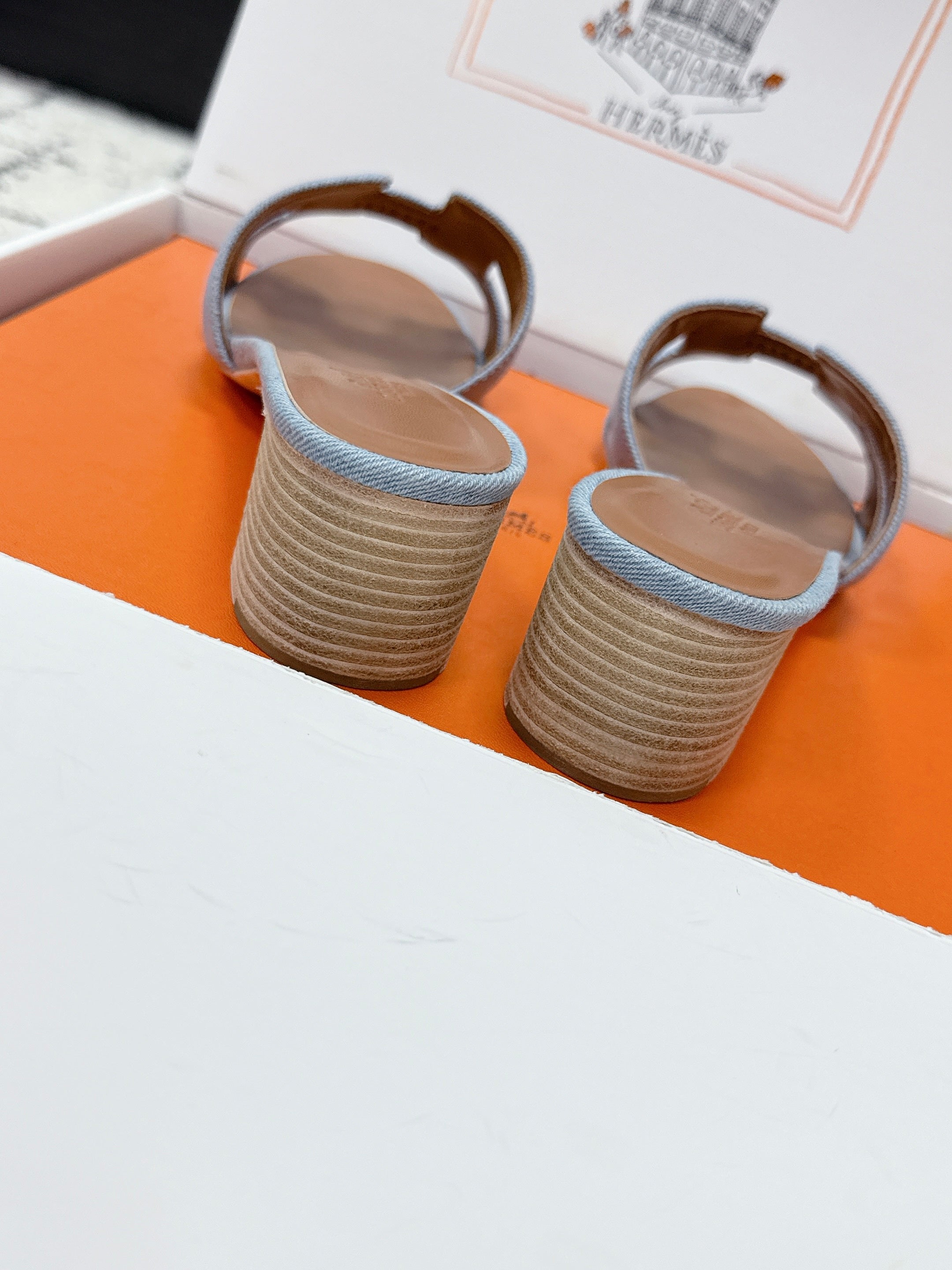 HM 26ss High-Heeled Sandals 50 Brown Blue Denim Cowhide 617220