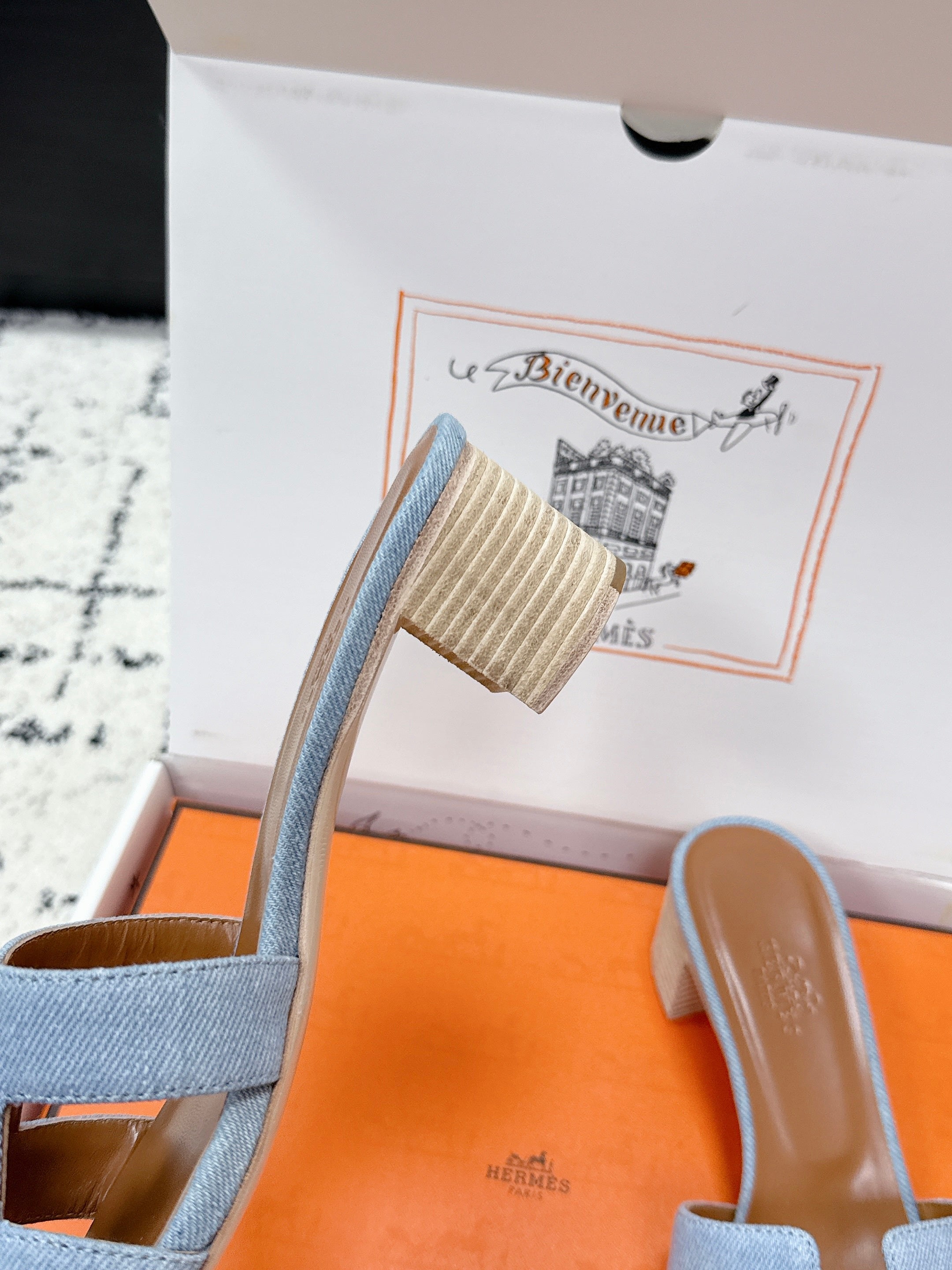 HM 26ss High-Heeled Sandals 50 Brown Blue Denim Cowhide 617220