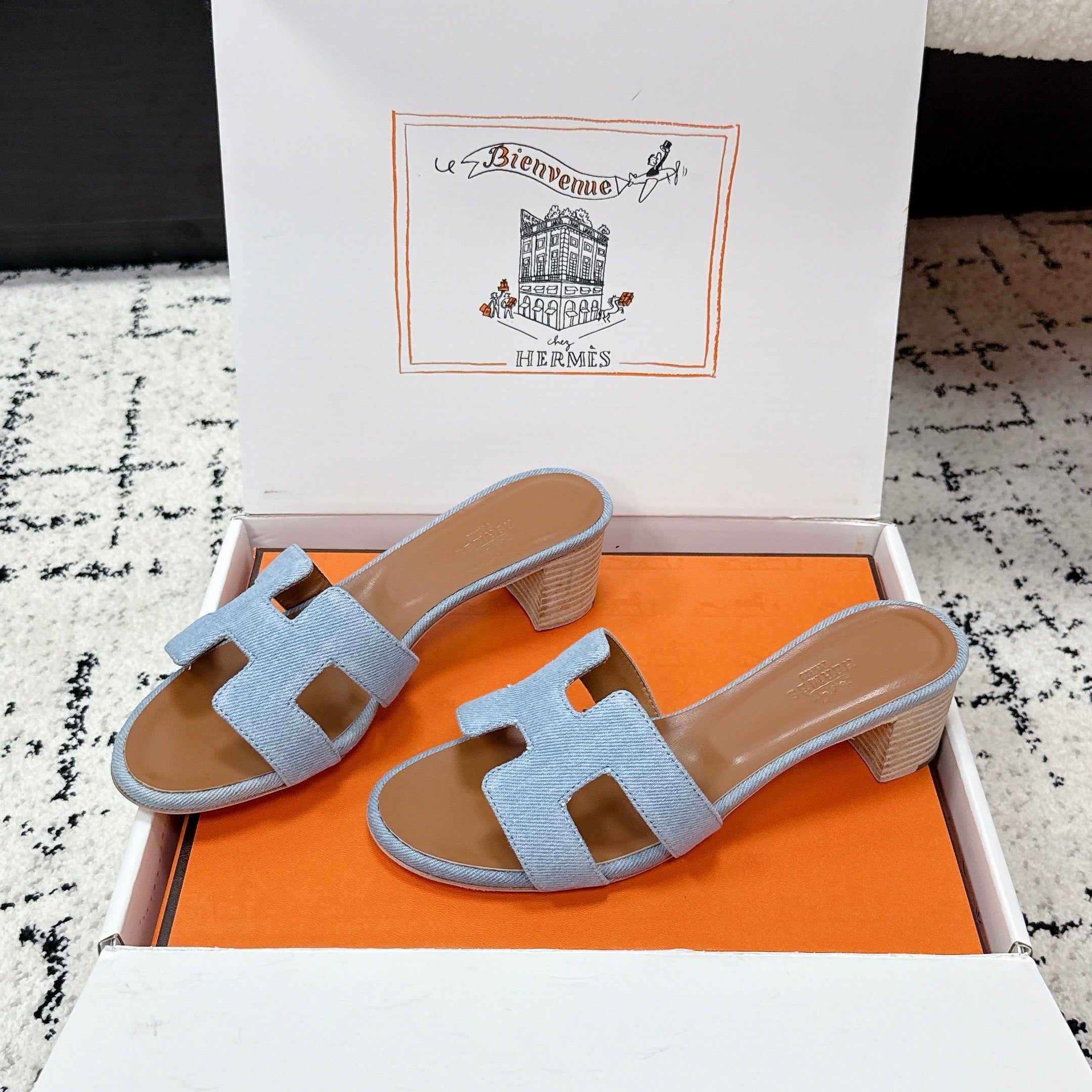 HM 26ss High-Heeled Sandals 50 Brown Blue Denim Cowhide 617220