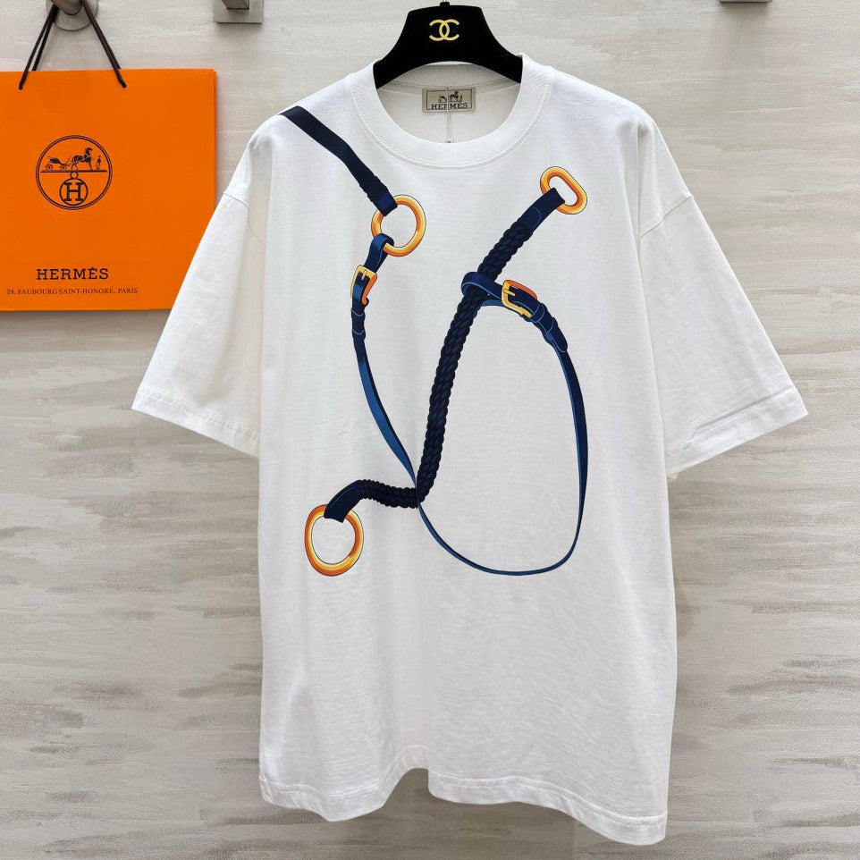 Hermes 2026 Rope Print T-Shirt White Mix Blue Cotton 408325