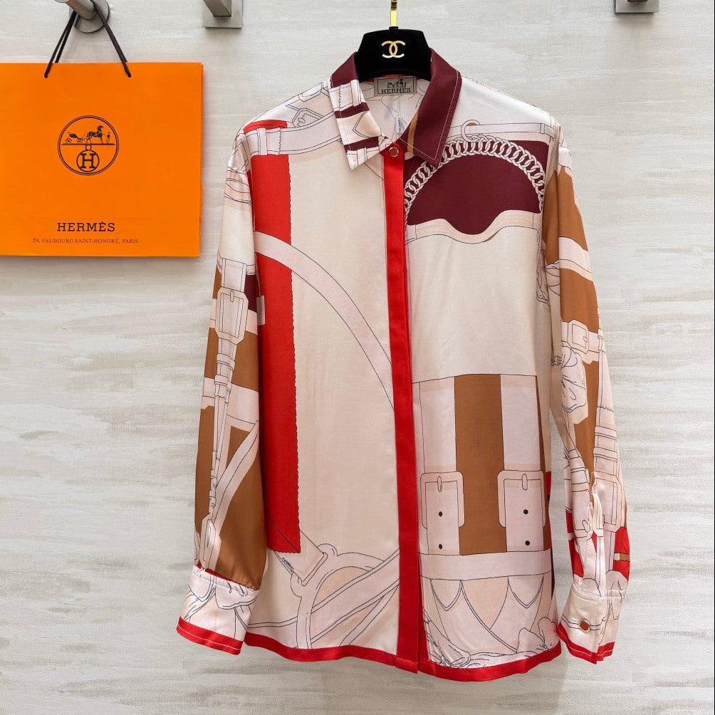 Hermes 2026 Print Long-Sleeve Shirt Multicolors Silk 408729