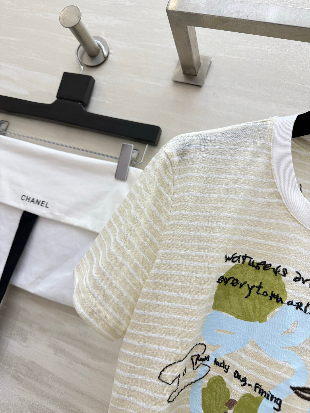 Chanel 2026 Striped Print Short-Sleeve T-Shirt Cream Blue Green Cotton