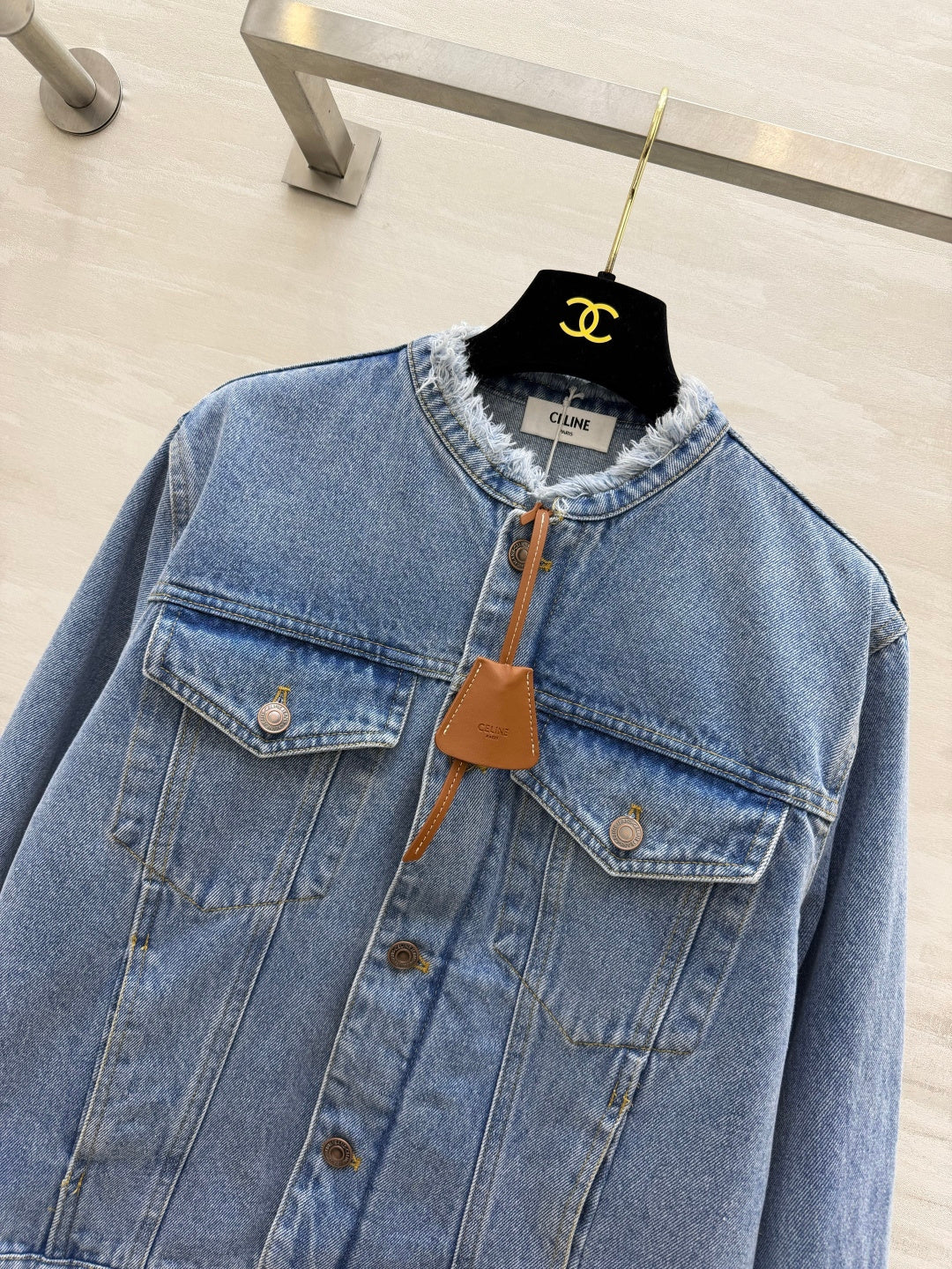 Celine 2026 Collarless Denim Jacket Blue And Black Cotton 431326