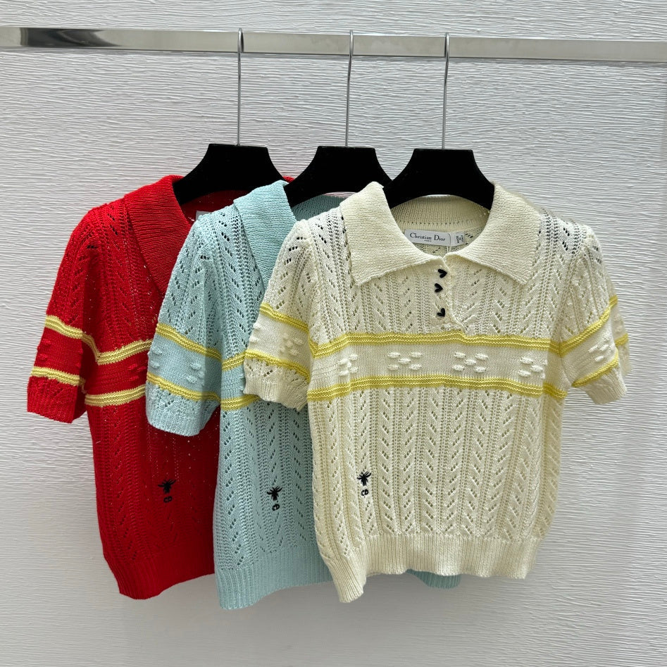 Dior 2026 Knitted Polo Shirt Red Blue Cream Wool