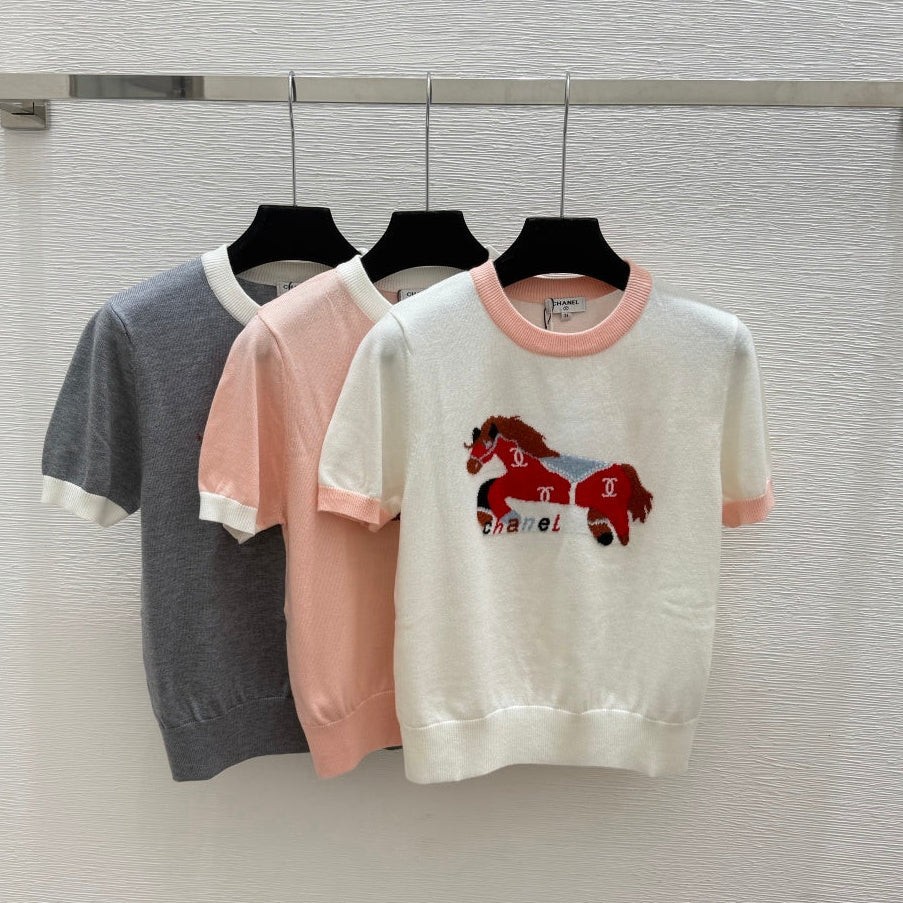 Chanel 2026 Horse Pattern Knit Short-Sleeve Shirt Cotton 685978