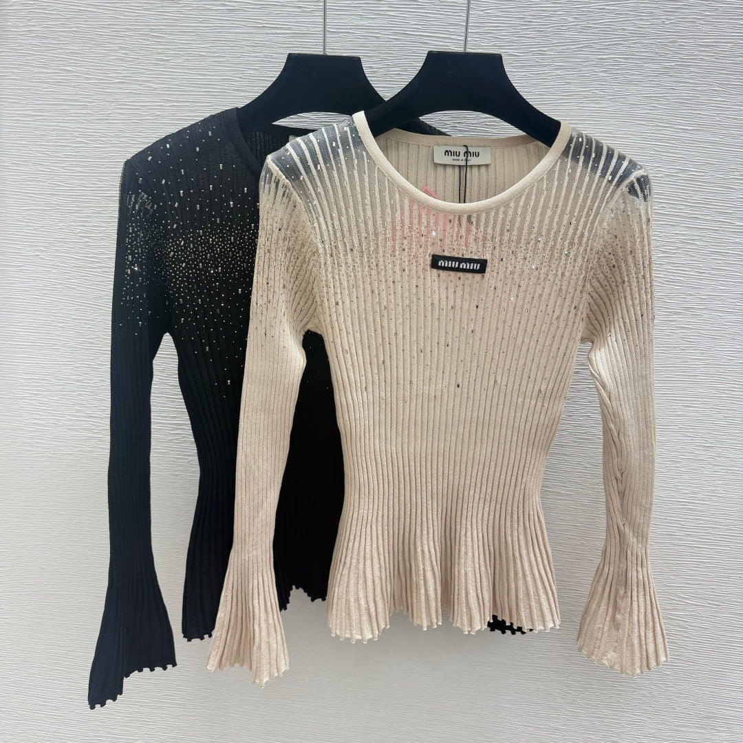 Miumiu 2026 Rhinestone Crew Neck Knitted Long Sleeve Wool 913396