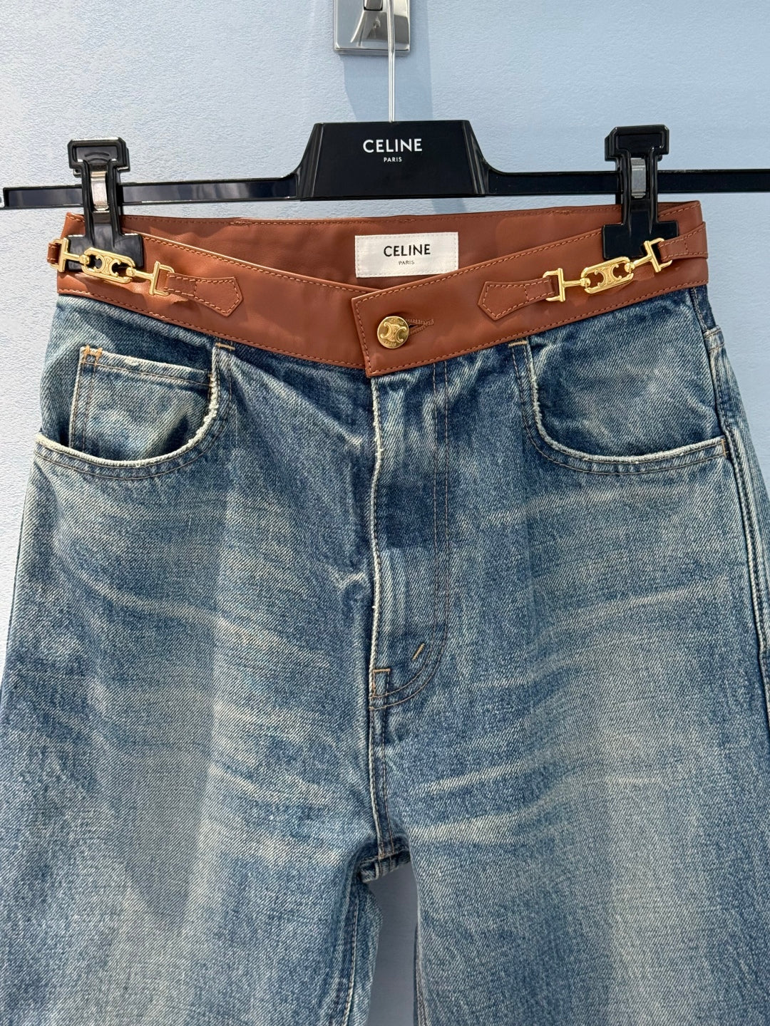 Celine Denim Jeans with Belt Blue mix Brown Cotton