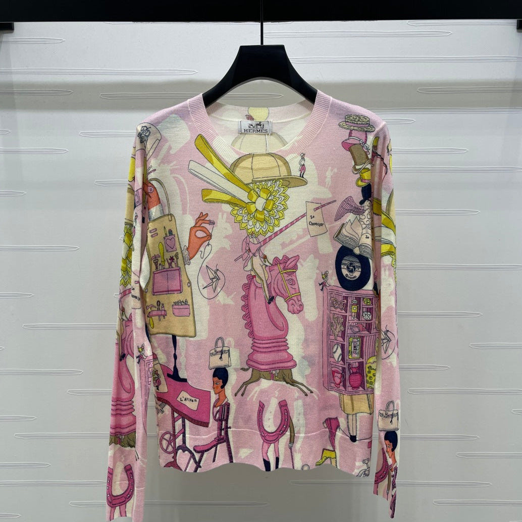 Hermes 2026 Printed Crew Neck Knit Long Sleeve Top Pink Wool 417087