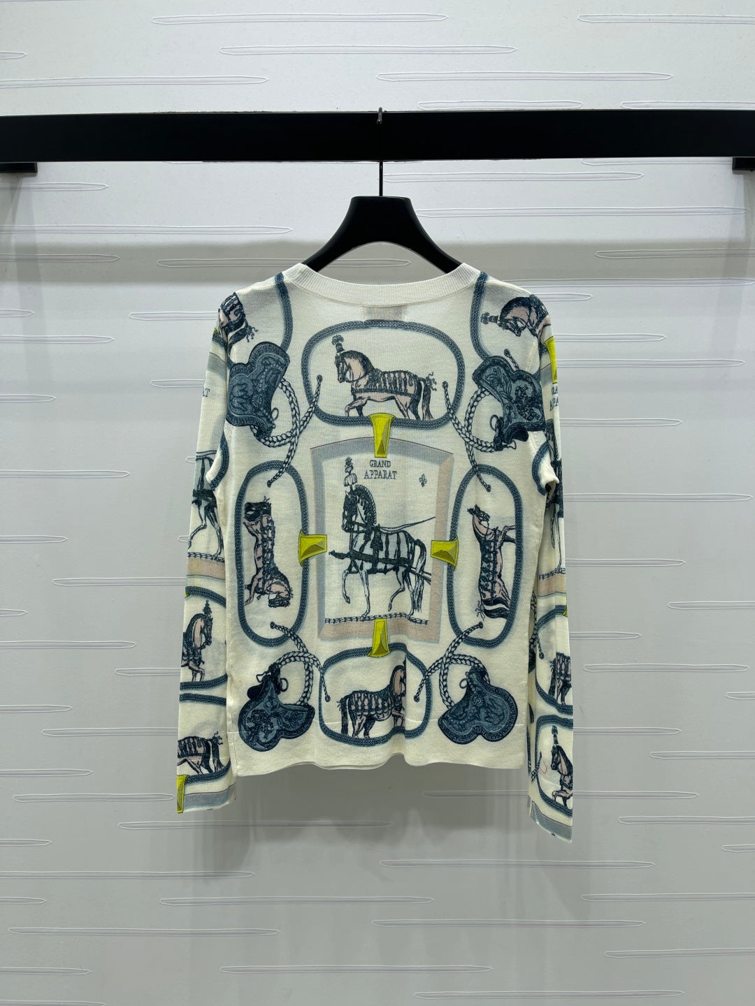 Hermes 2026 Horse Print Long Sleeve Top Cream Blue Wool 417088