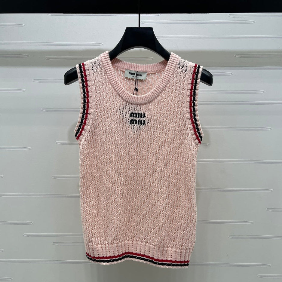 Miumiu 2026 V-neck Openwork Knit Vest Pink Wool 299316