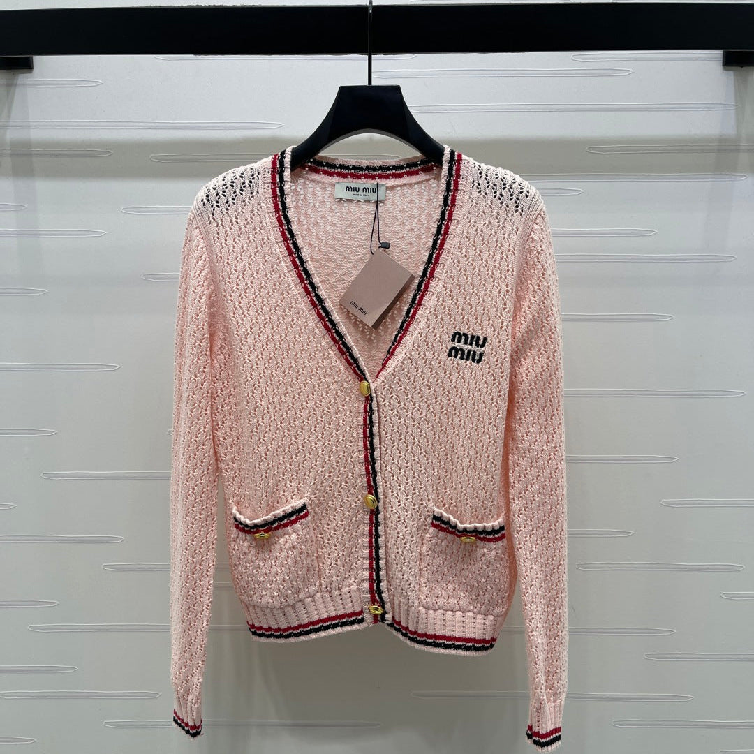 Miumiu 2026 V-neck Openwork Knit Cardigan Pink Wool 299315