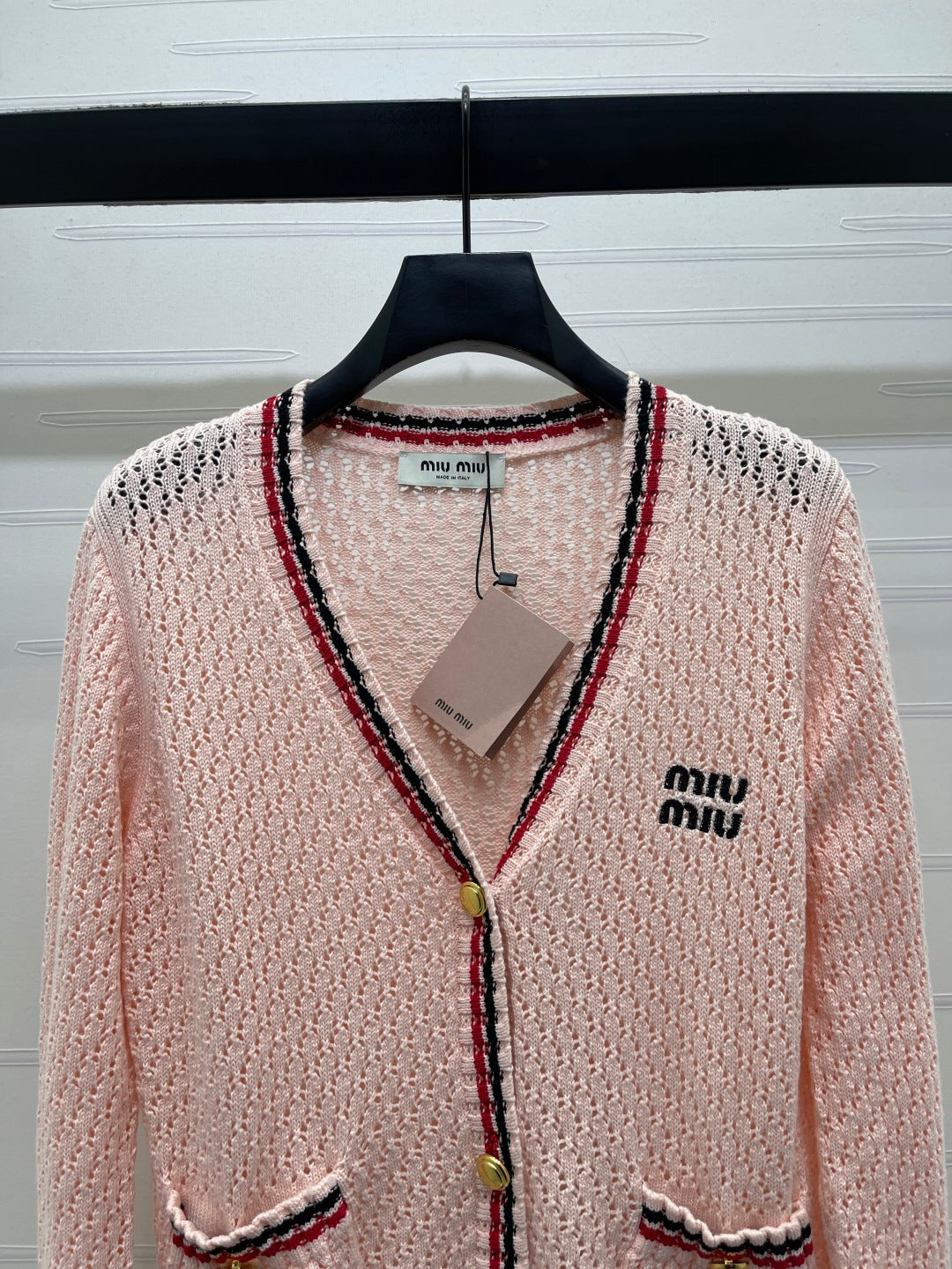 Miumiu 2026 V-neck Openwork Knit Cardigan Pink Wool 299315