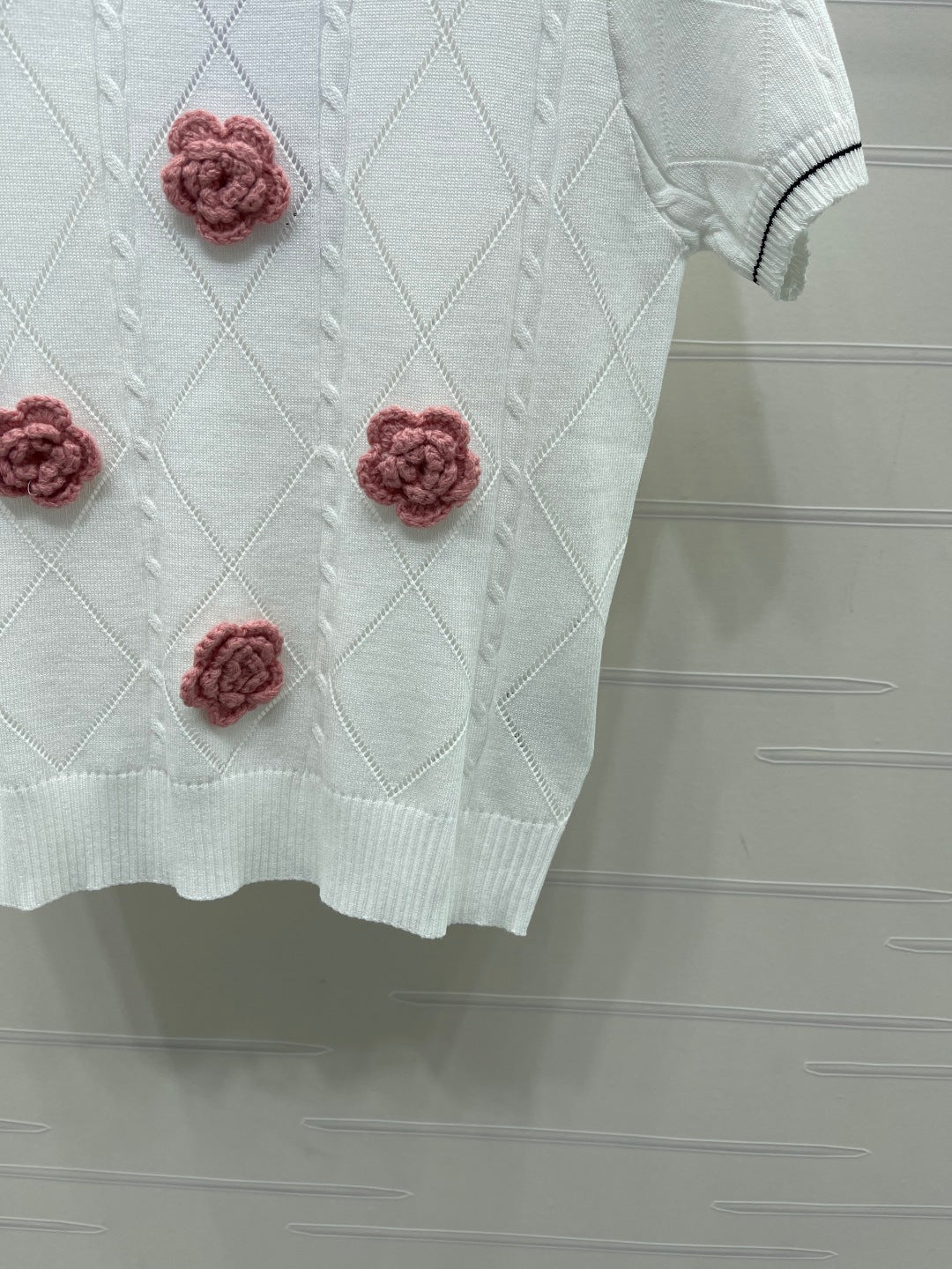 Chanel 2026 Diamond Pattern 3D Floral Knit Short Sleeve Cotton 397419